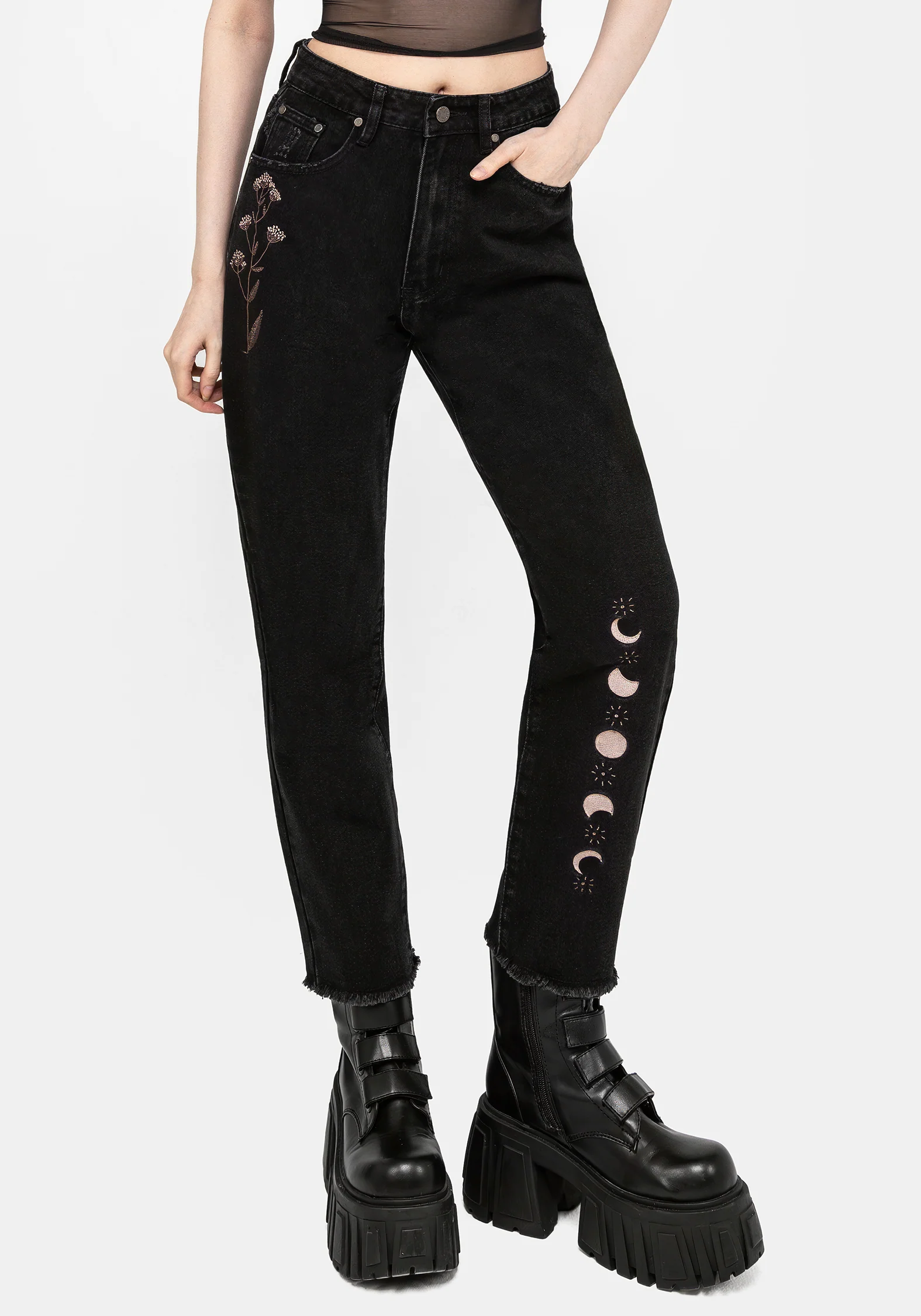 Griffinfly Embroidered Distressed Denim Mom Jeans - Image 2