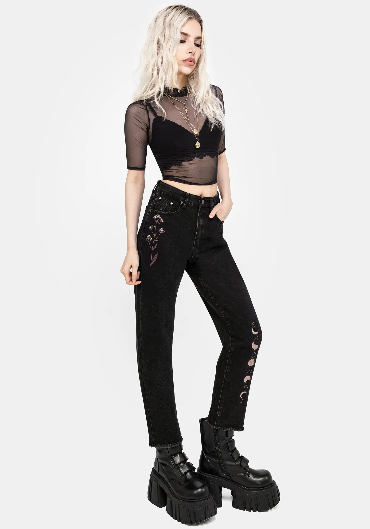 Griffinfly Embroidered Distressed Denim Mom Jeans - Image 5