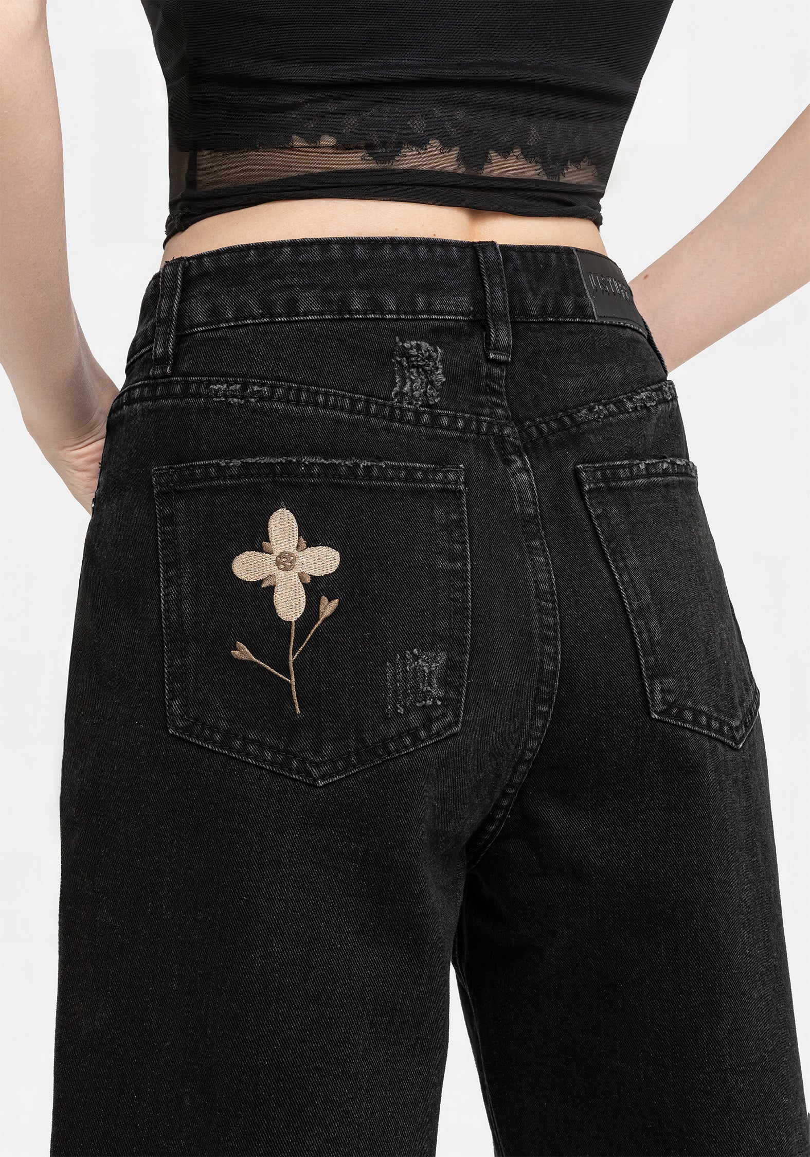 Griffinfly Embroidered Distressed Denim Mom Jeans - Image 7