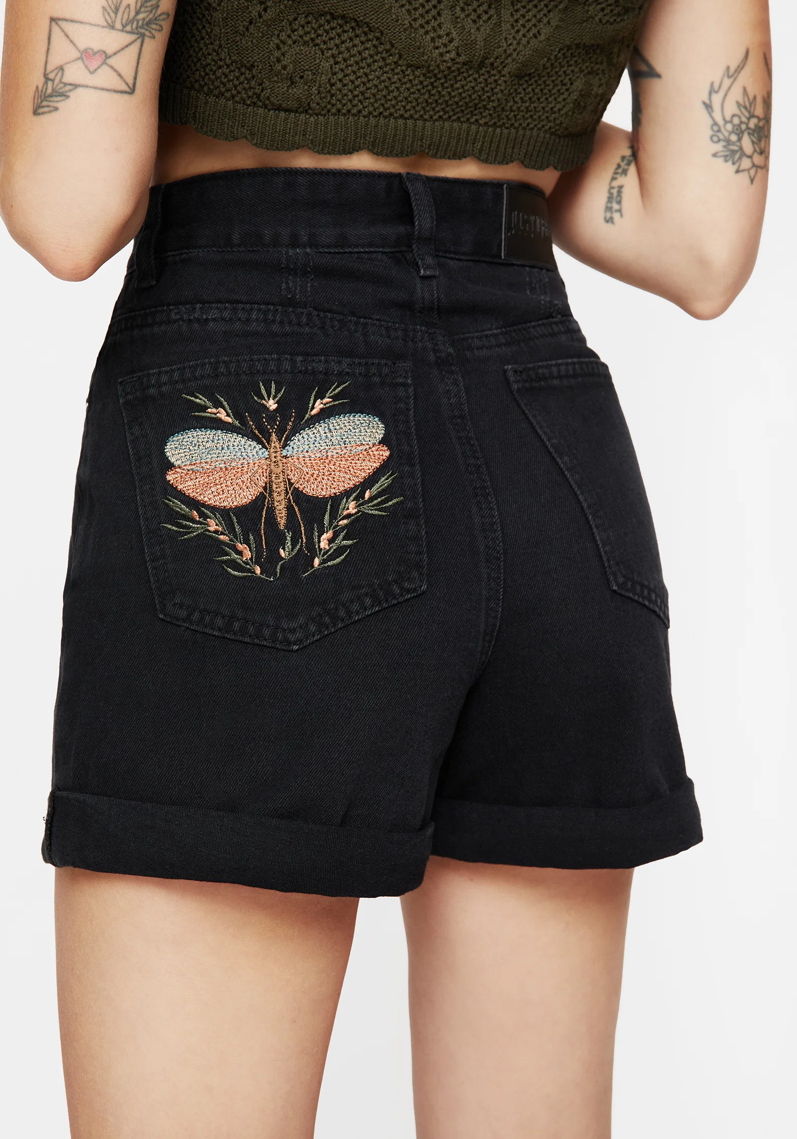Griffinfly Embroidered Distressed Denim Shorts - Image 2
