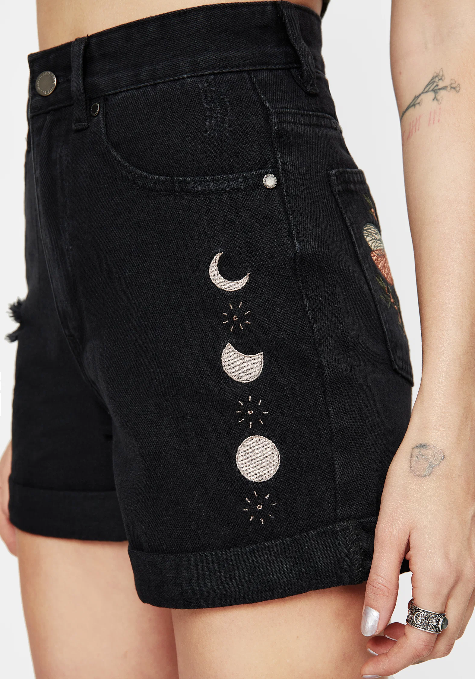 Griffinfly Embroidered Distressed Denim Shorts - Image 4