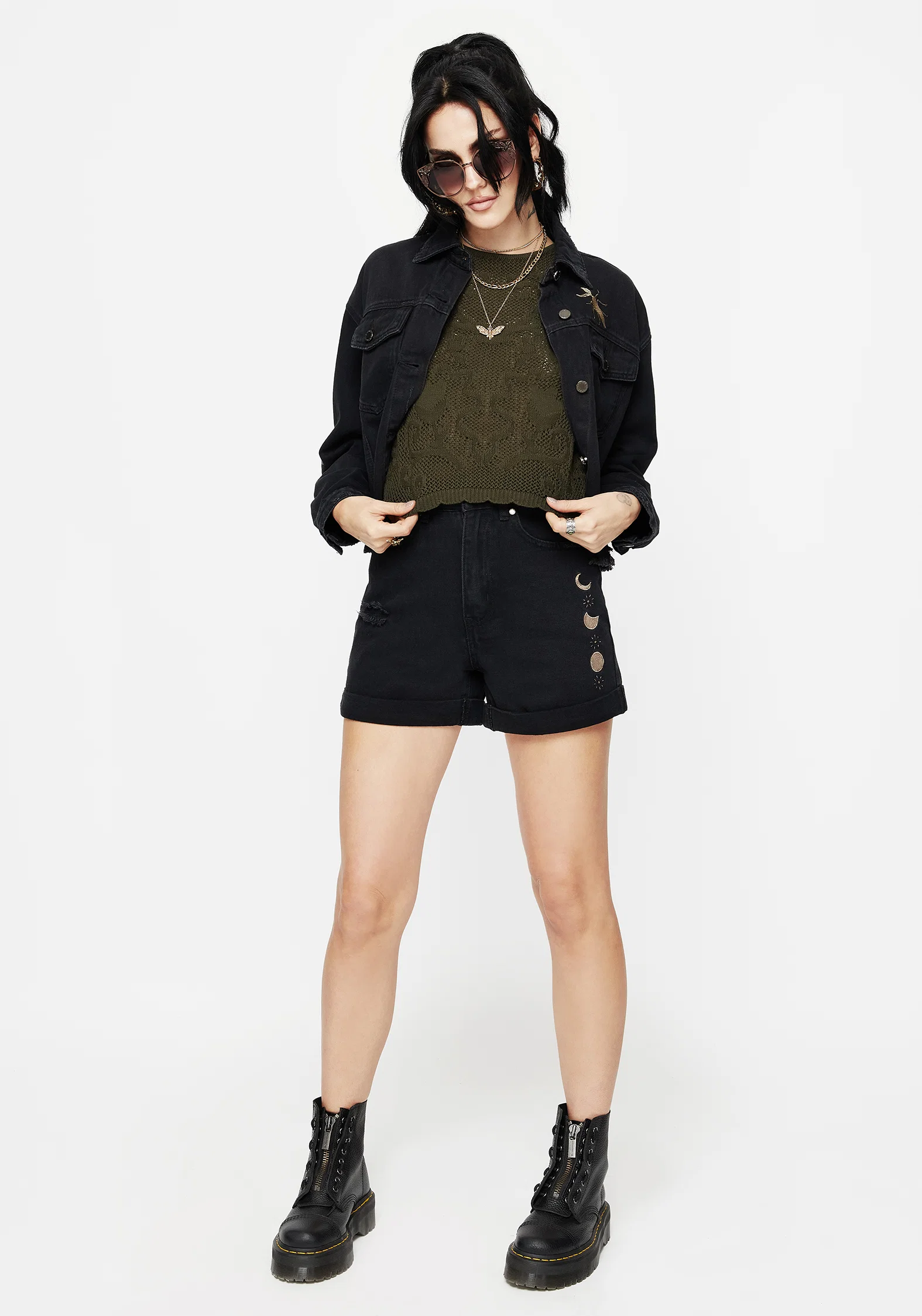 Griffinfly Embroidered Distressed Denim Shorts - Image 5