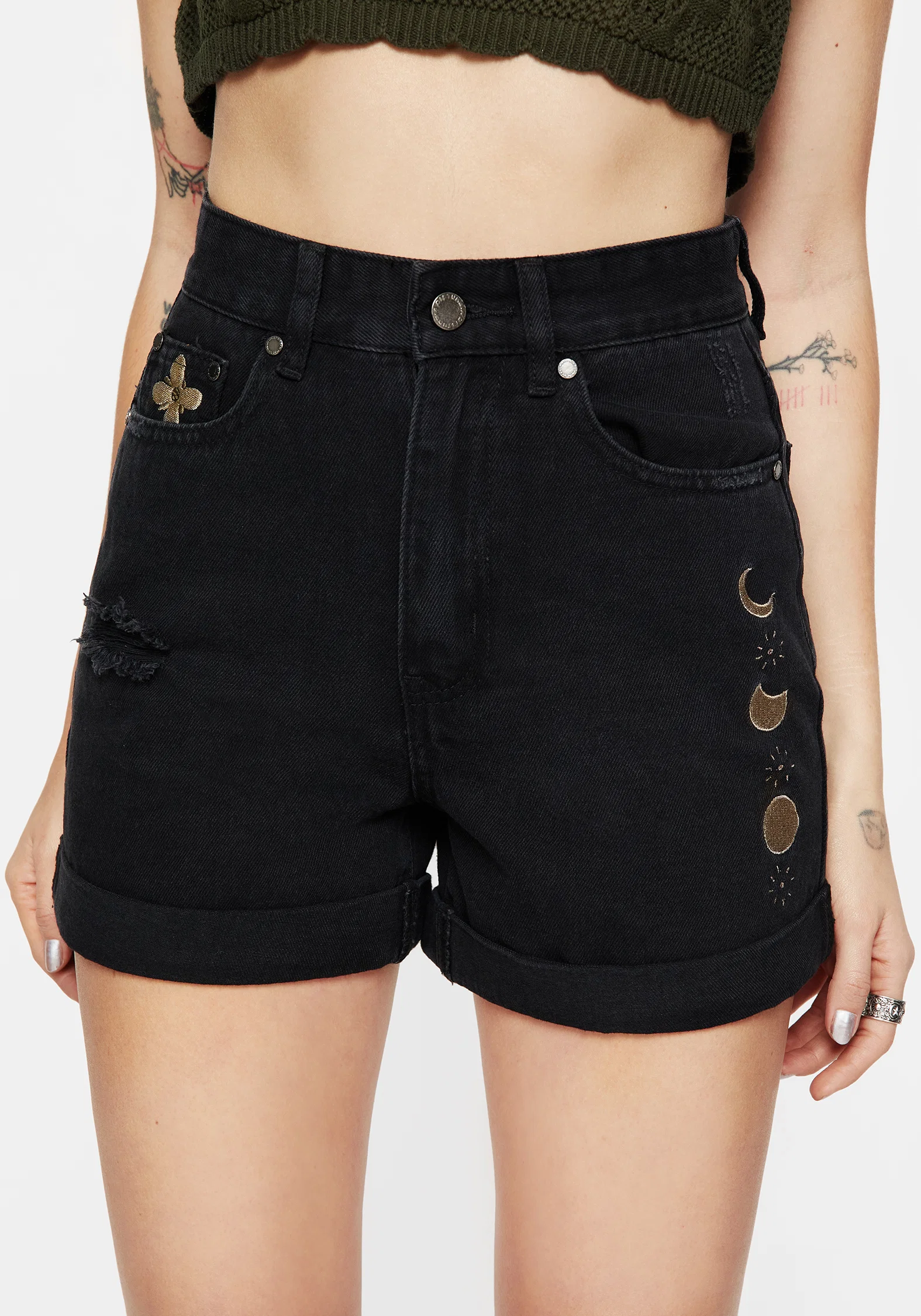 Griffinfly Embroidered Distressed Denim Shorts - Image 7