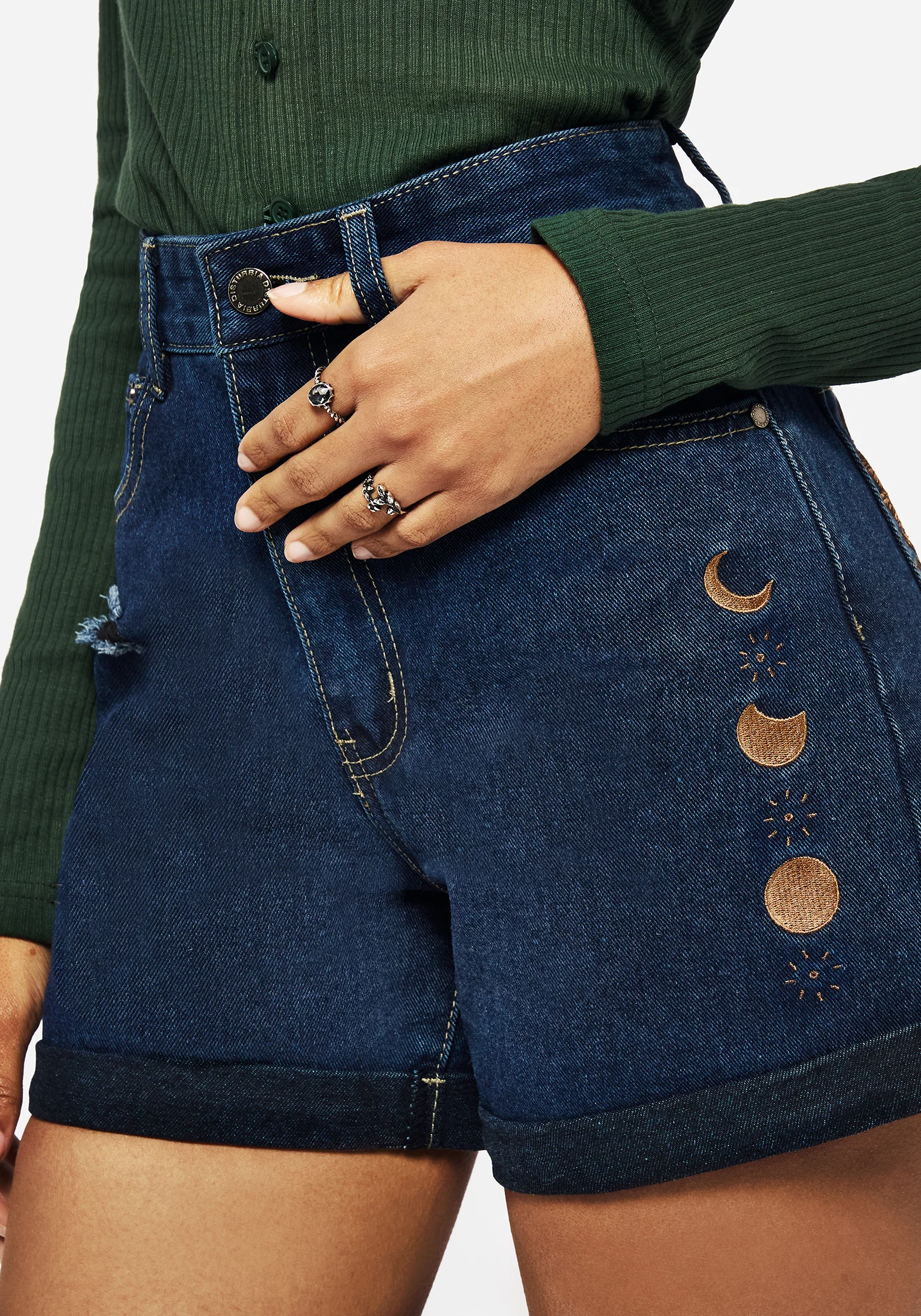 Griffinfly Embroidered Distressed Denim Shorts - Blue - Image 5