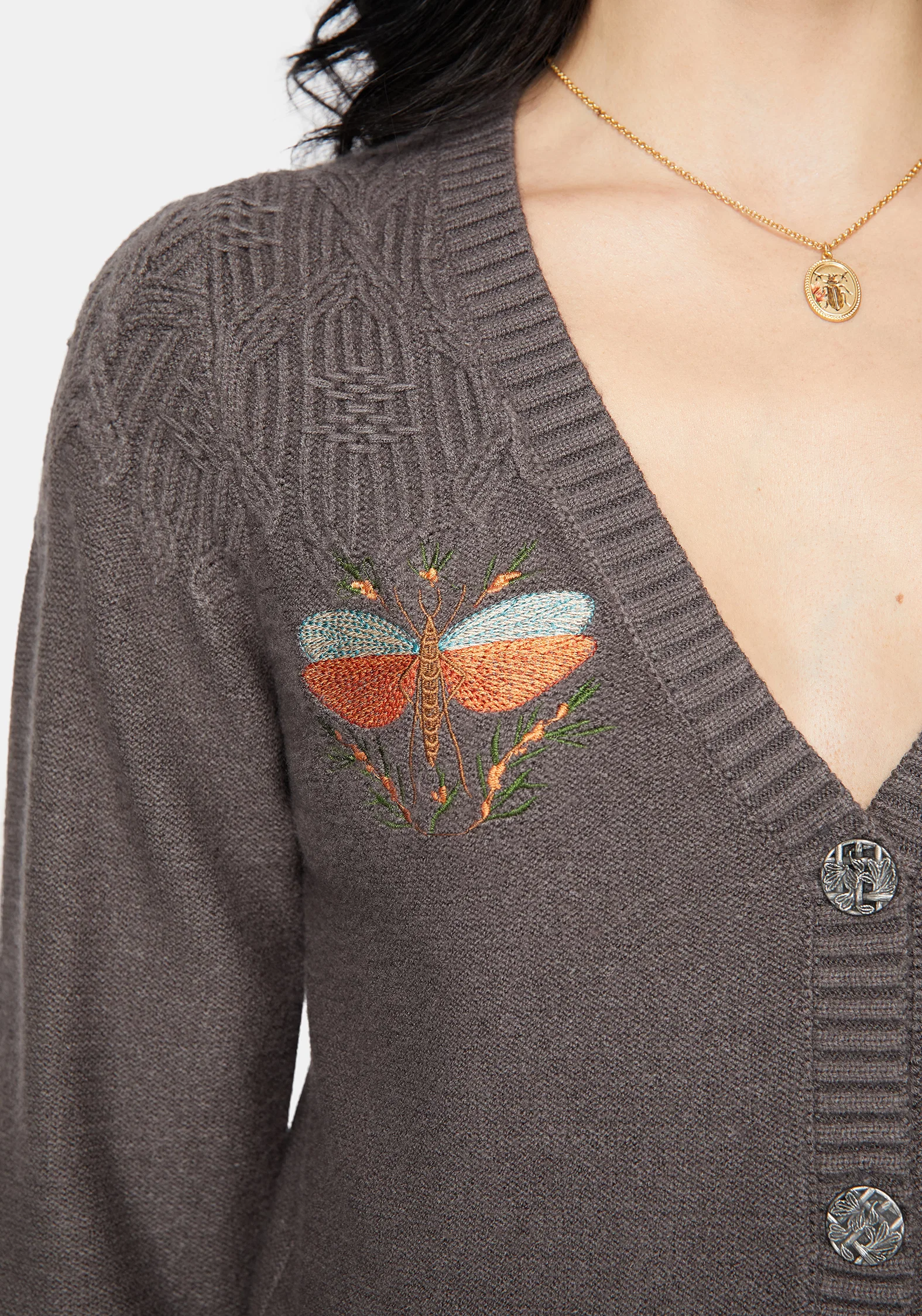 Griffinfly Embroidered Knit Cardigan - Grey - Image 2