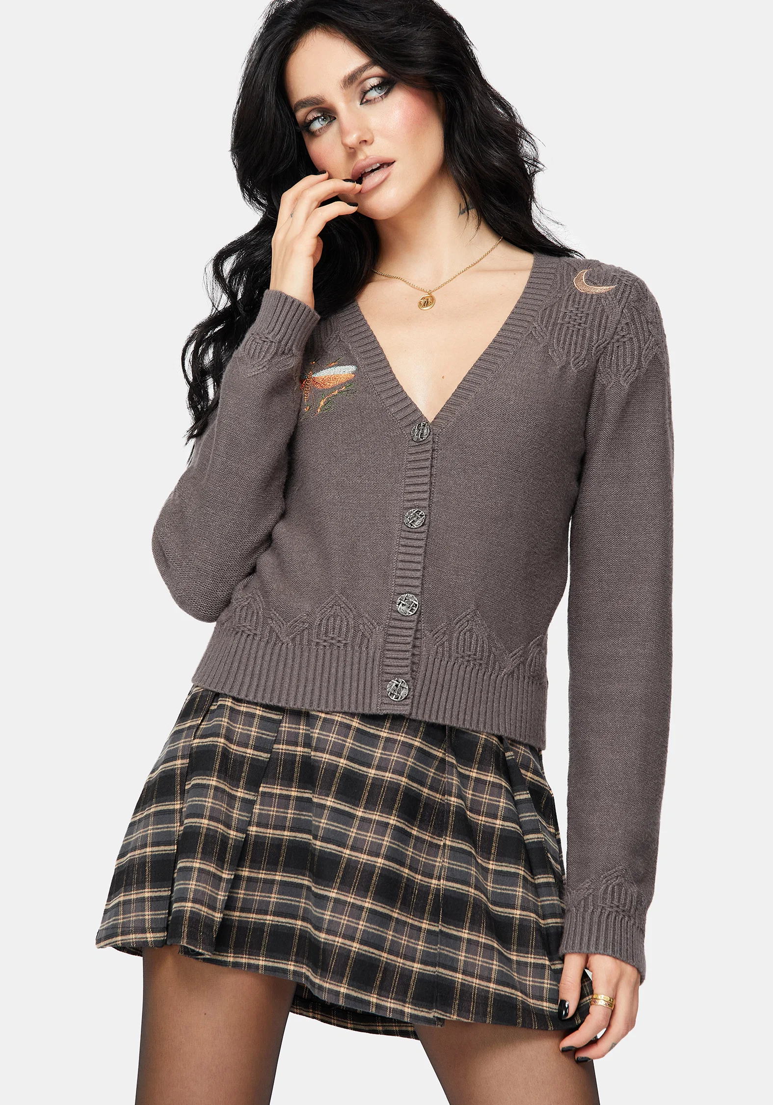 Griffinfly Embroidered Knit Cardigan - Grey - Image 4