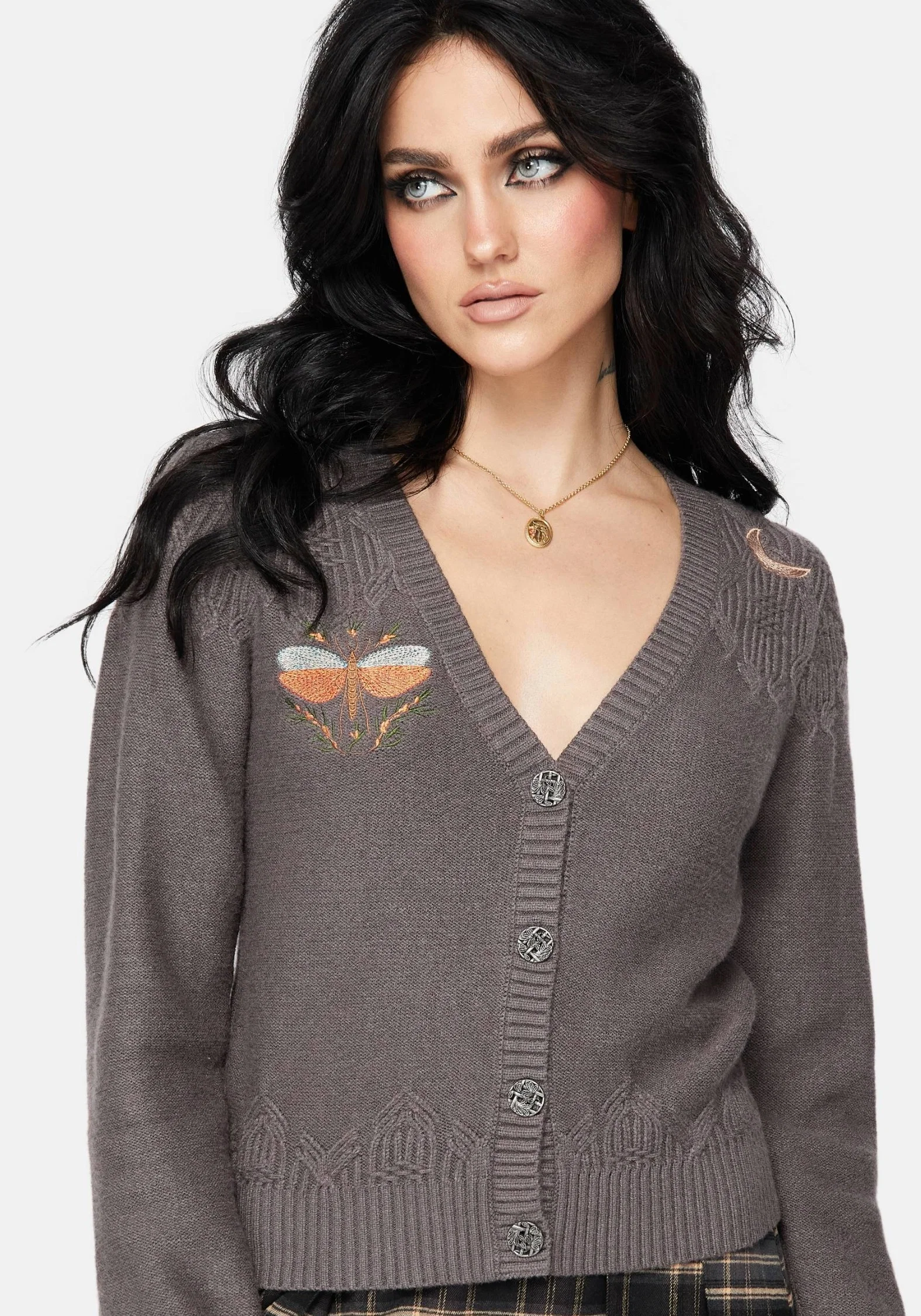 Griffinfly Embroidered Knit Cardigan - Grey - Image 5