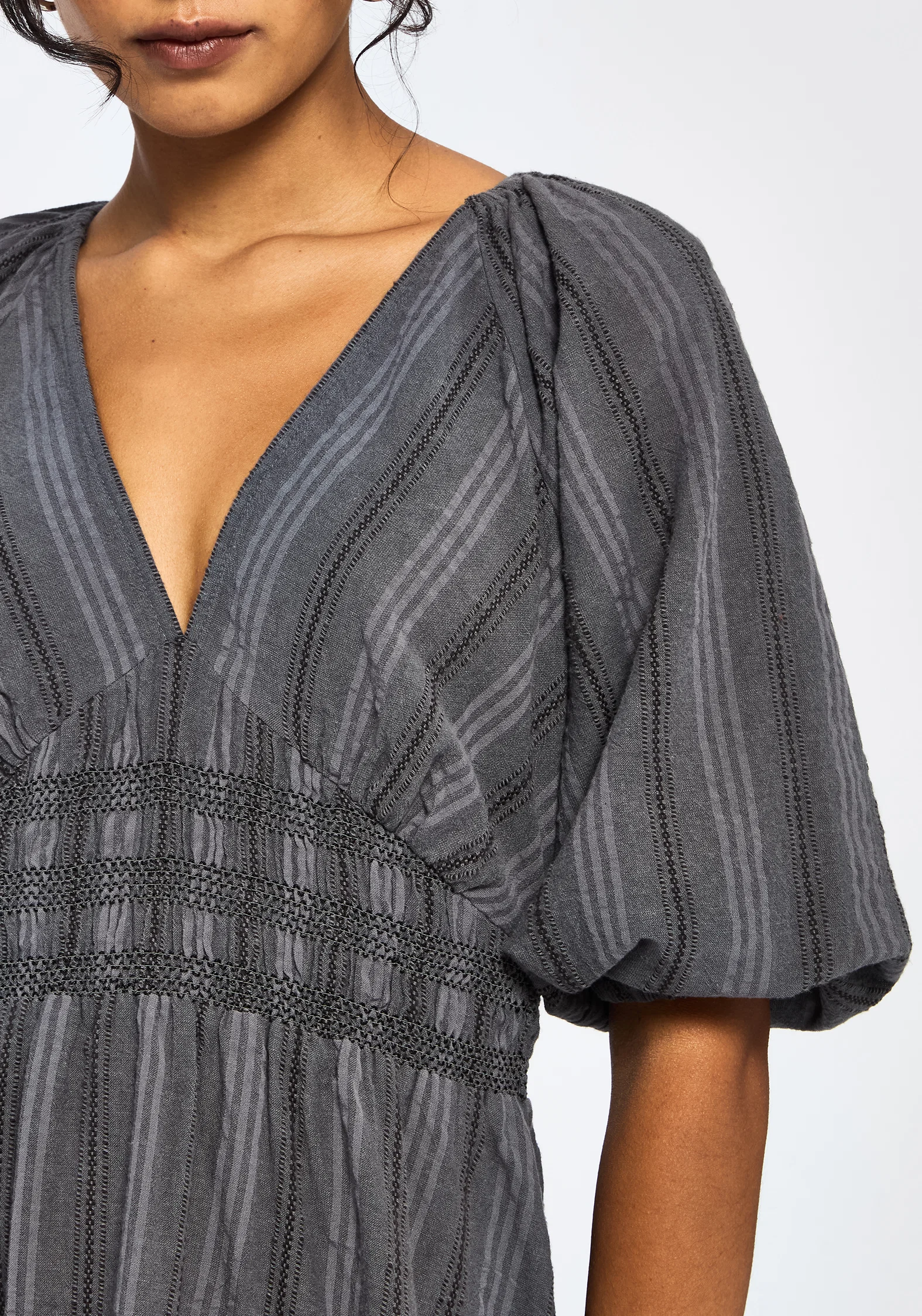 Grove Cotton Stripe Long Sleeve Shirred Tie Back Midaxi Dress - Image 2