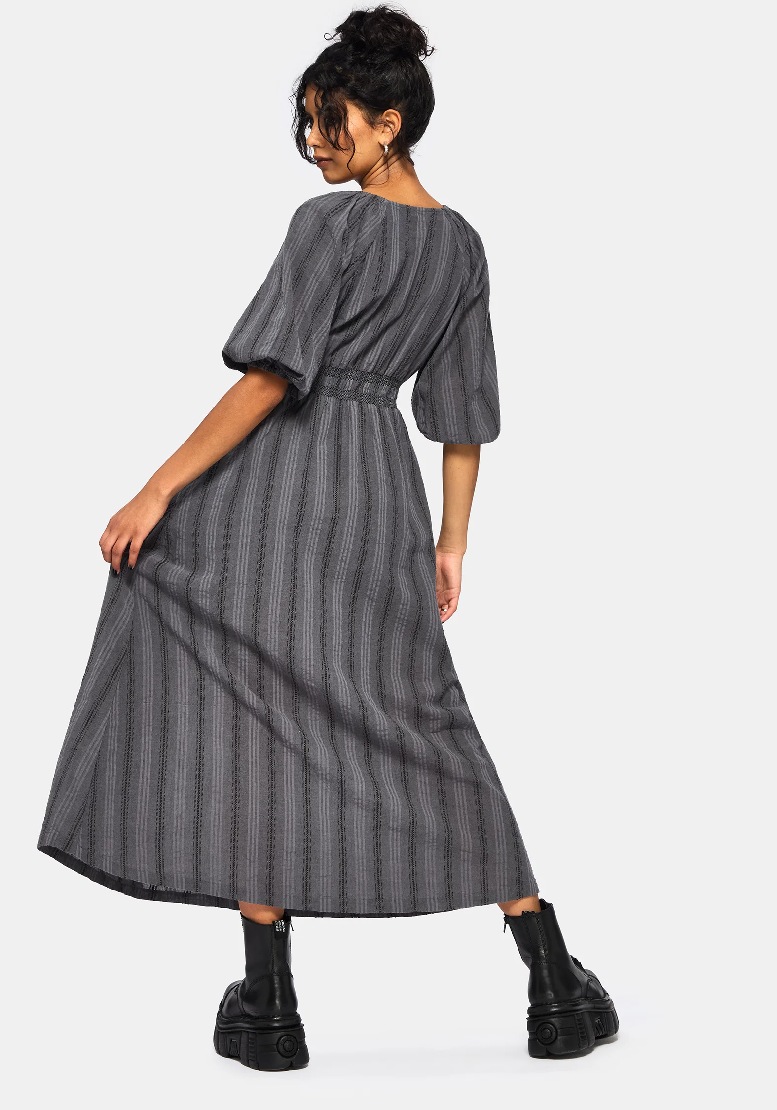 Grove Cotton Stripe Long Sleeve Shirred Tie Back Midaxi Dress - Image 3