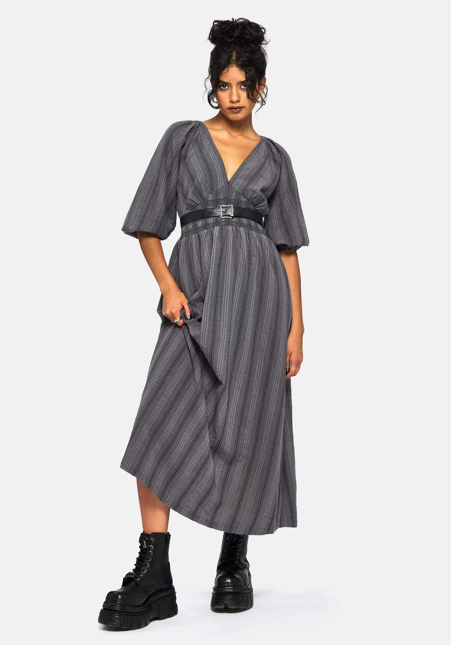 Grove Cotton Stripe Long Sleeve Shirred Tie Back Midaxi Dress - Image 4