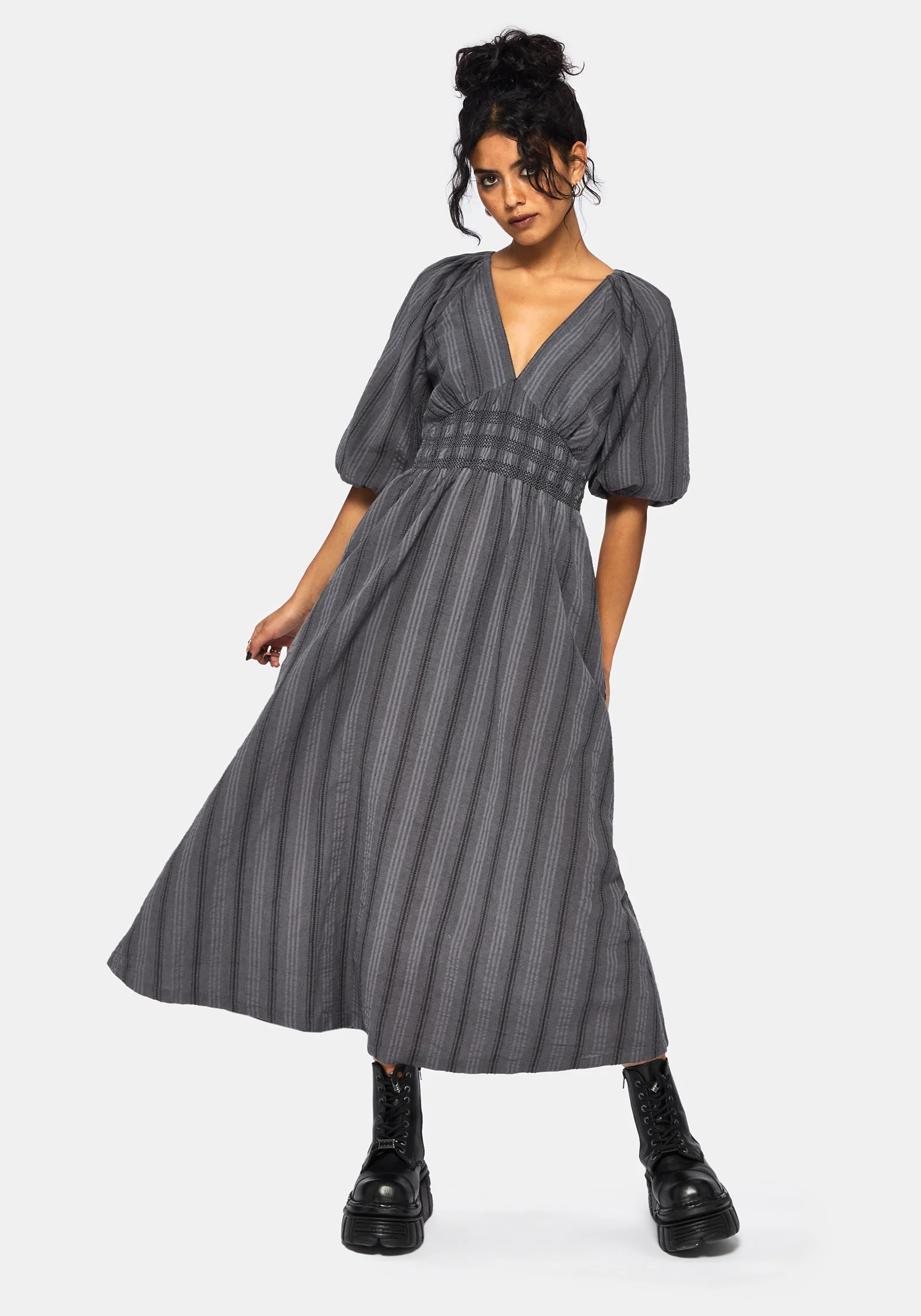 Grove Cotton Stripe Long Sleeve Shirred Tie Back Midaxi Dress - Image 6