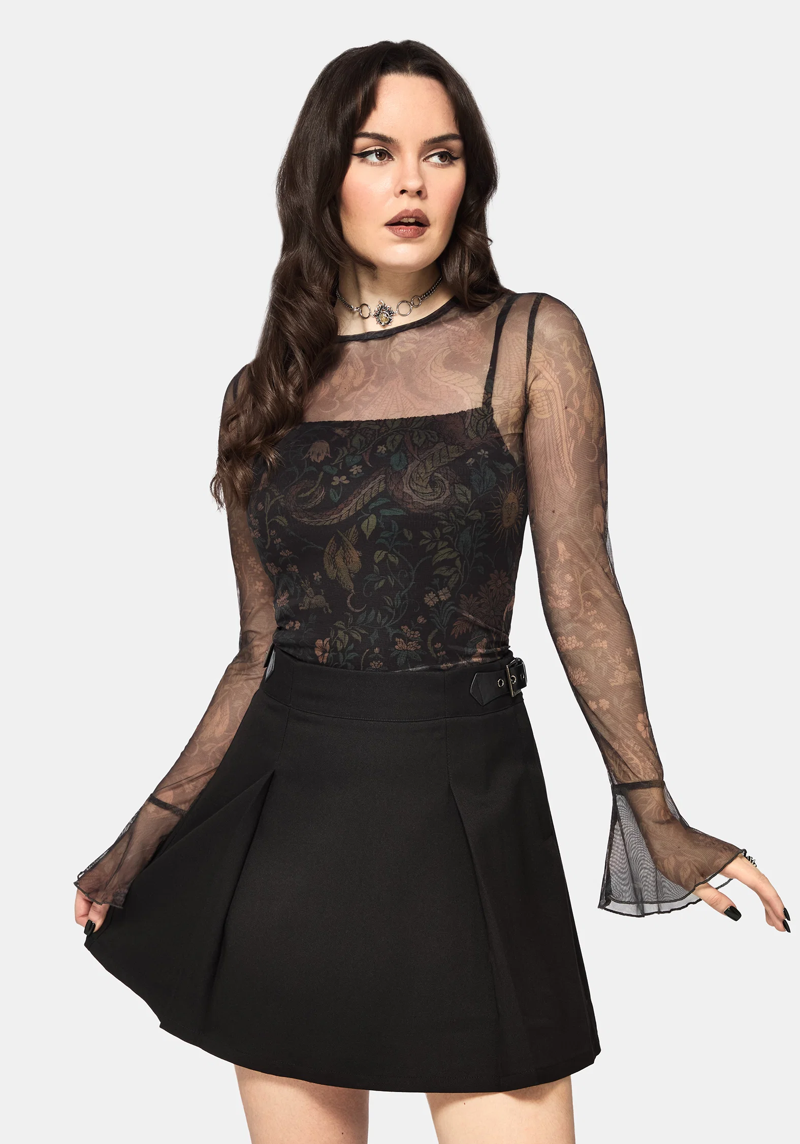Haunt Fluted Long Sleeved Mesh Print Top - Image 4