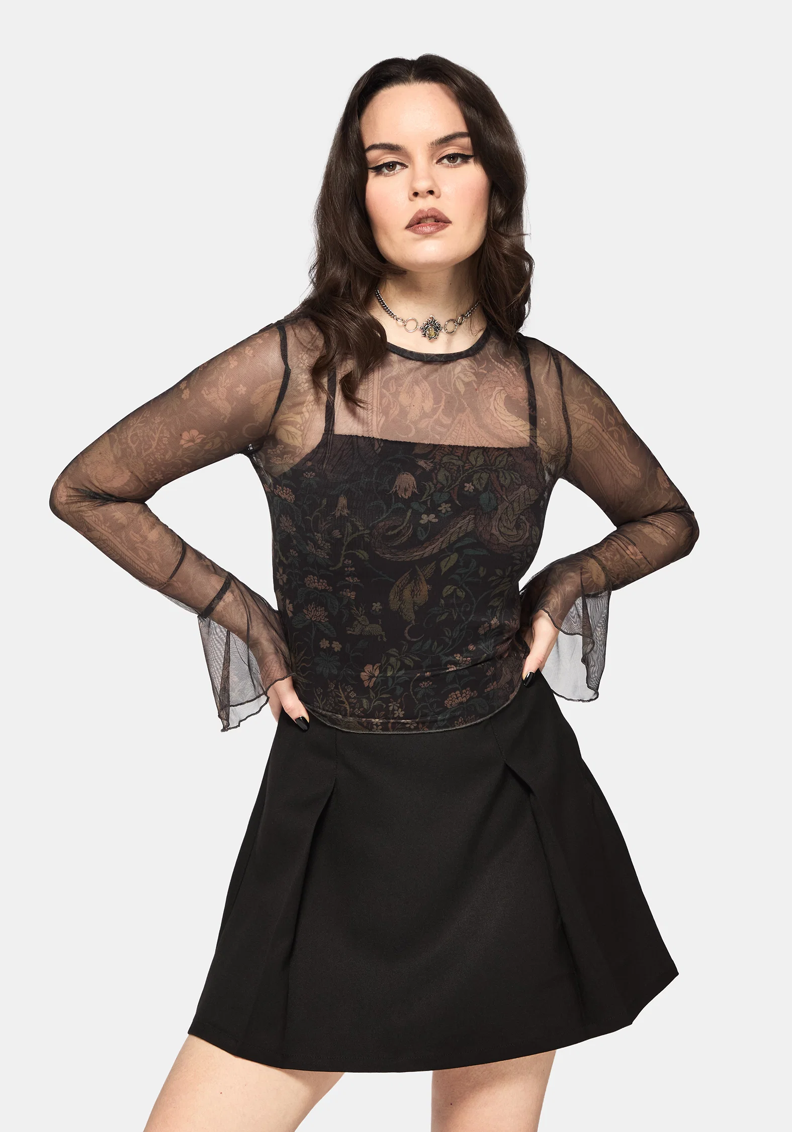 Haunt Fluted Long Sleeved Mesh Print Top - Image 6