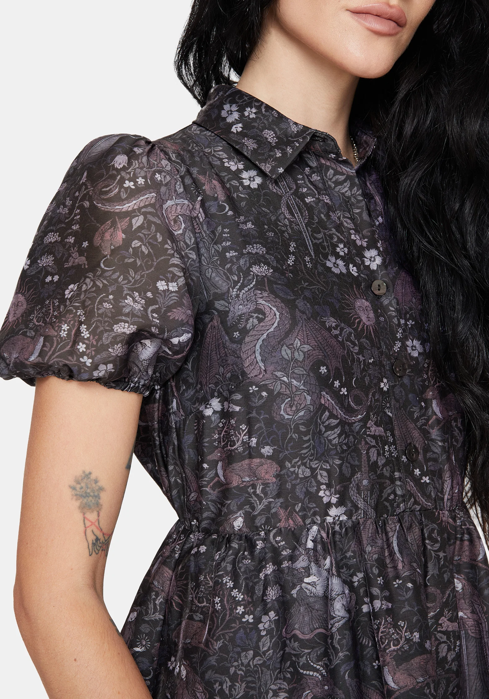 Haunt Medieval Print Chiffon Smocked Mini Dress - Image 2