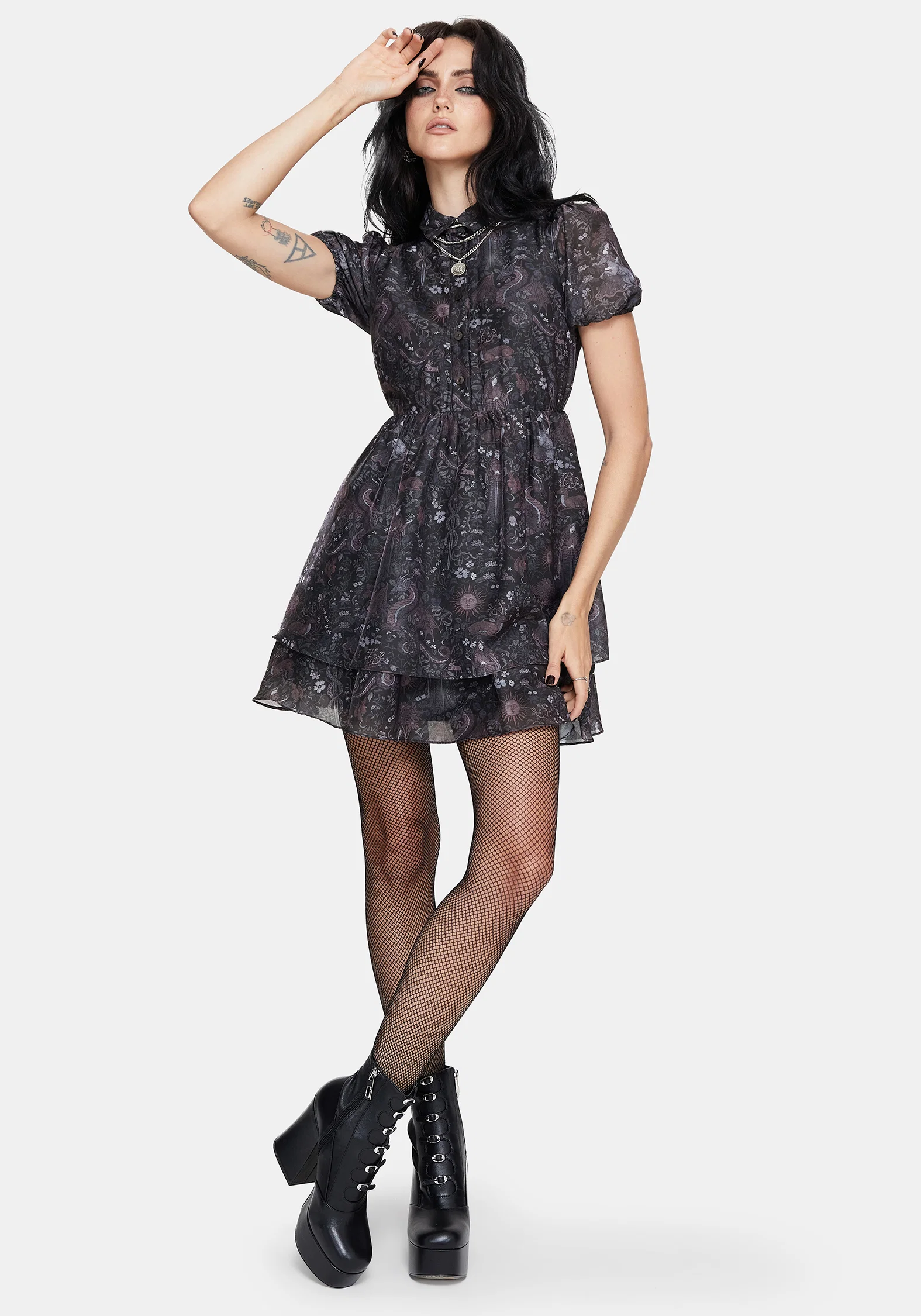 Haunt Medieval Print Chiffon Smocked Mini Dress - Image 4