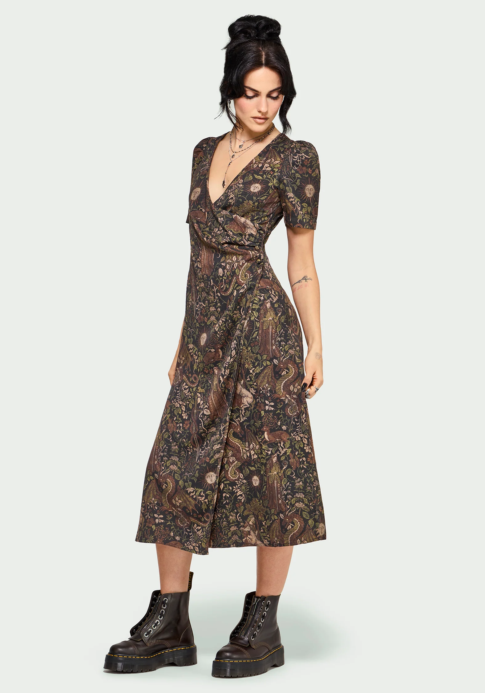 Haunt Medieval Print Wrap Midi Shirt Dress - Image 4