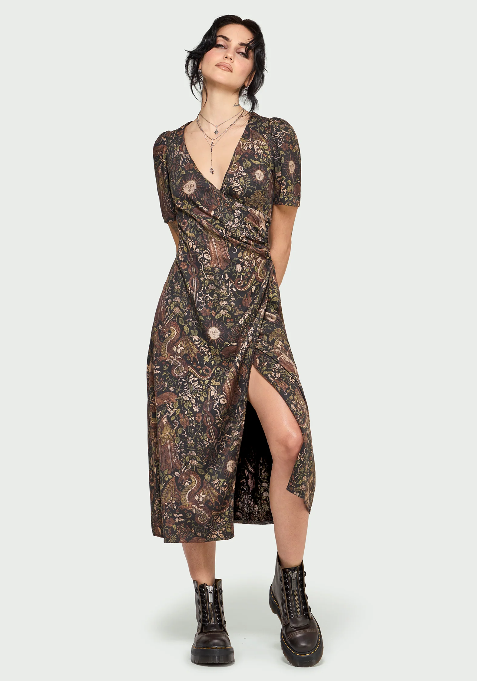 Haunt Medieval Print Wrap Midi Shirt Dress - Image 5