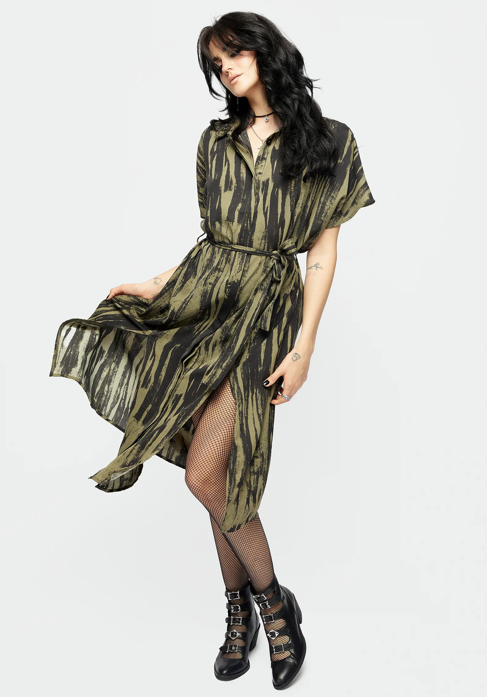 Hegemone Tie Waist Midi Shirt Dress - Image 4