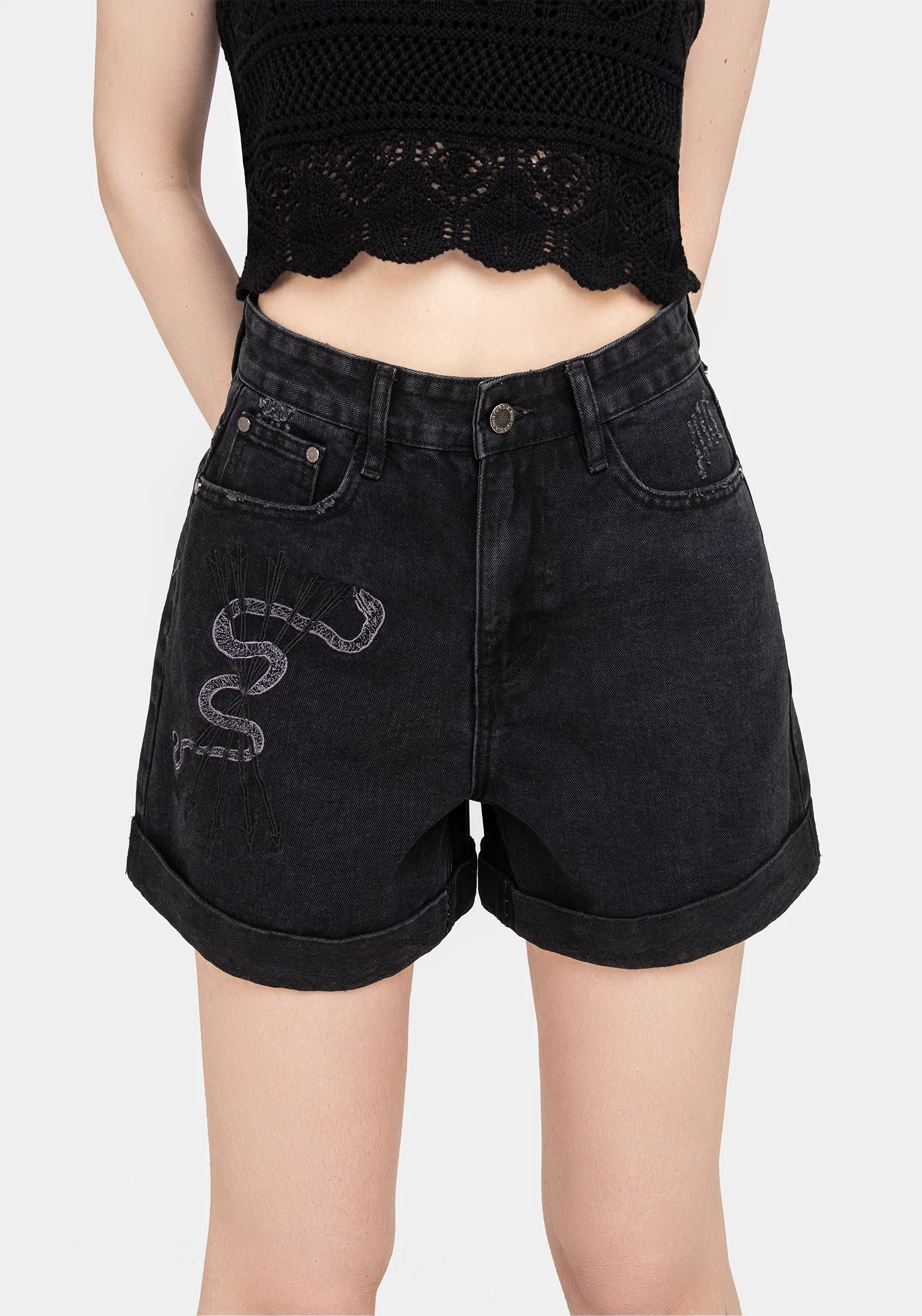 Heroica Embroidered Denim Mom Shorts - Image 5