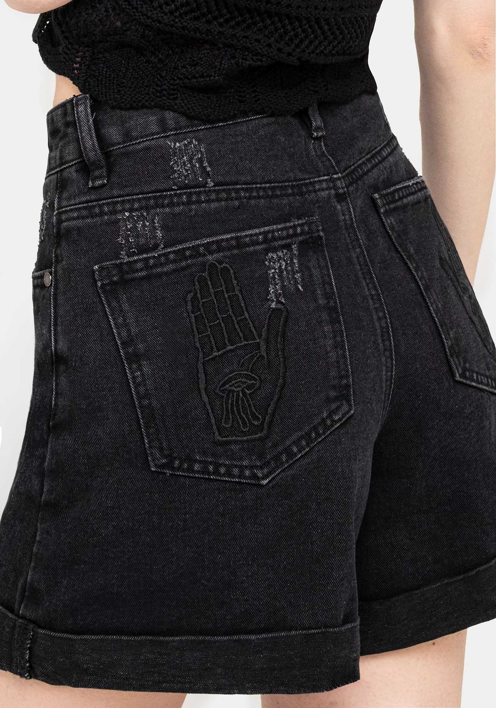 Heroica Embroidered Denim Mom Shorts - Image 8