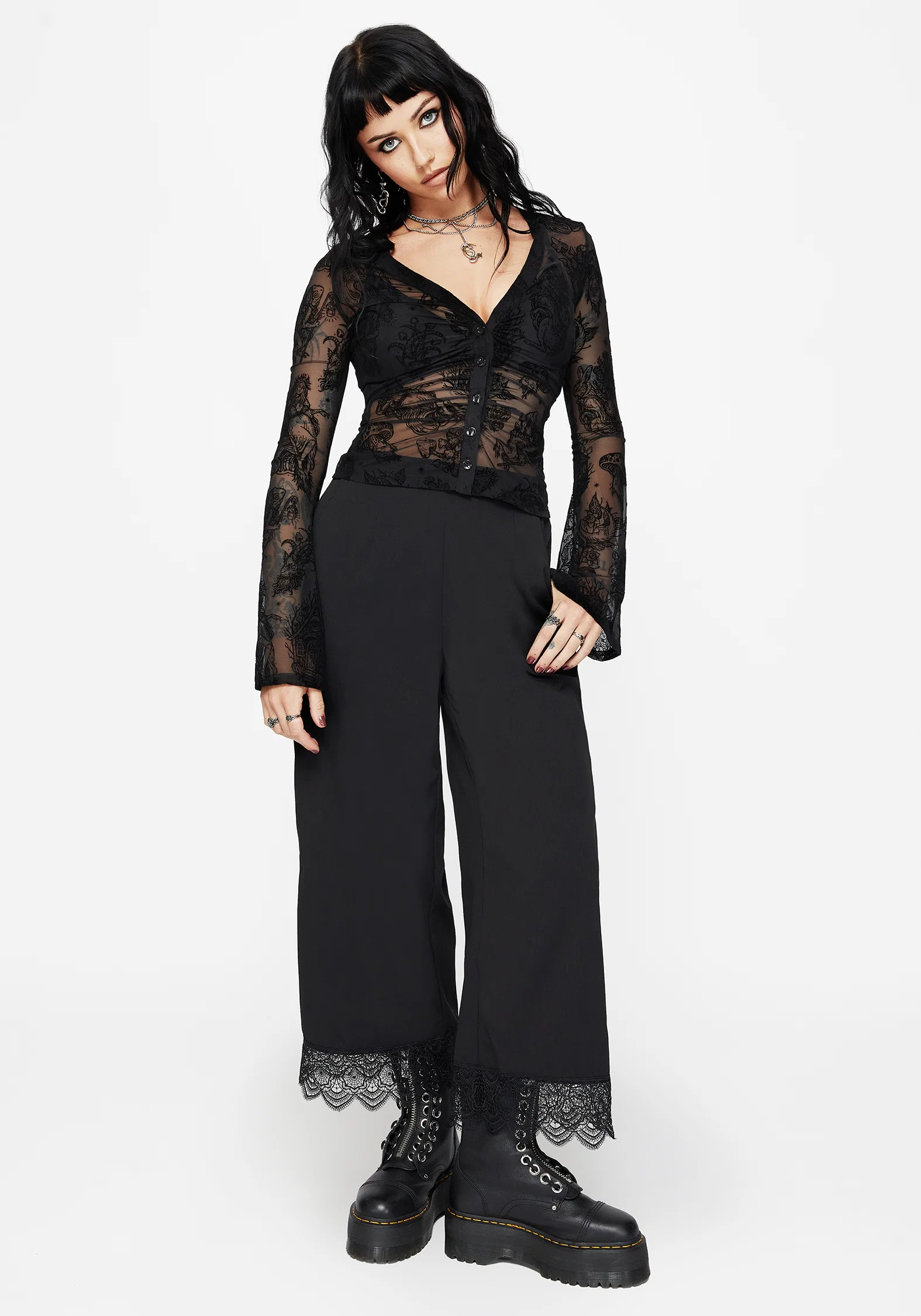 Hexborn Baba Yaga Flocked Button Down Mesh Top - Image 6
