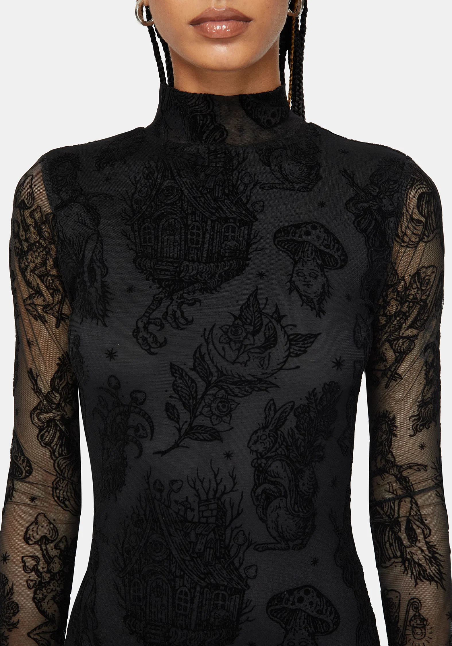 Hexborn Baba Yaga High Neck Flocked Long Sleeve Mesh Maxi Dress - Image 2
