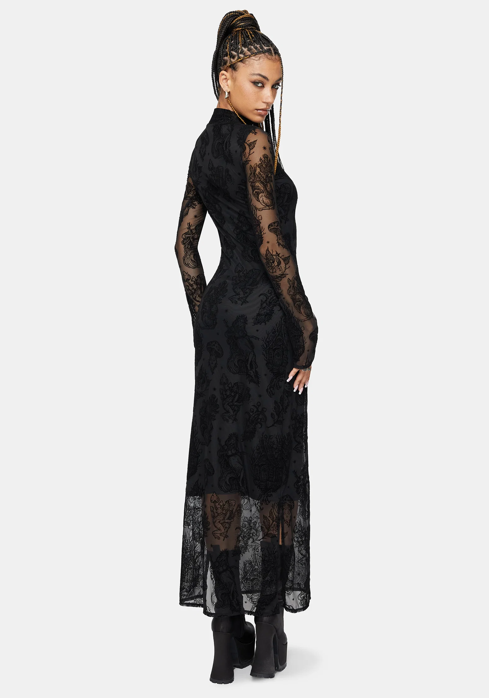 Hexborn Baba Yaga High Neck Flocked Long Sleeve Mesh Maxi Dress - Image 3