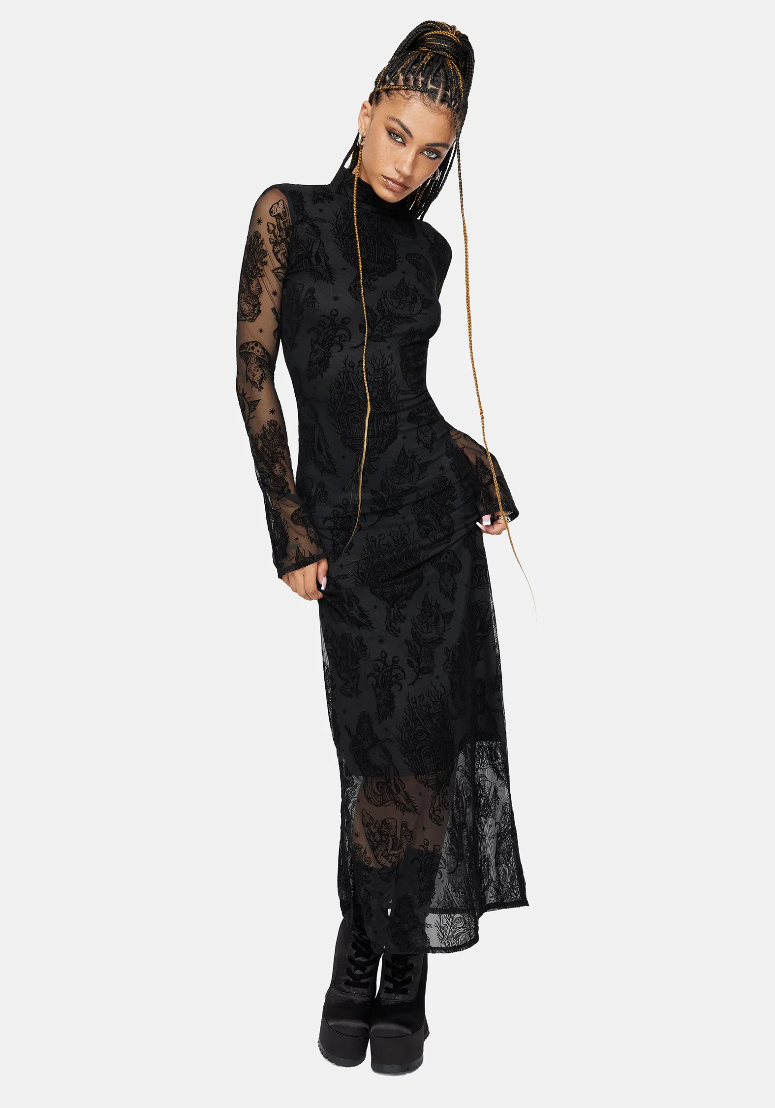 Hexborn Baba Yaga High Neck Flocked Long Sleeve Mesh Maxi Dress - Image 4