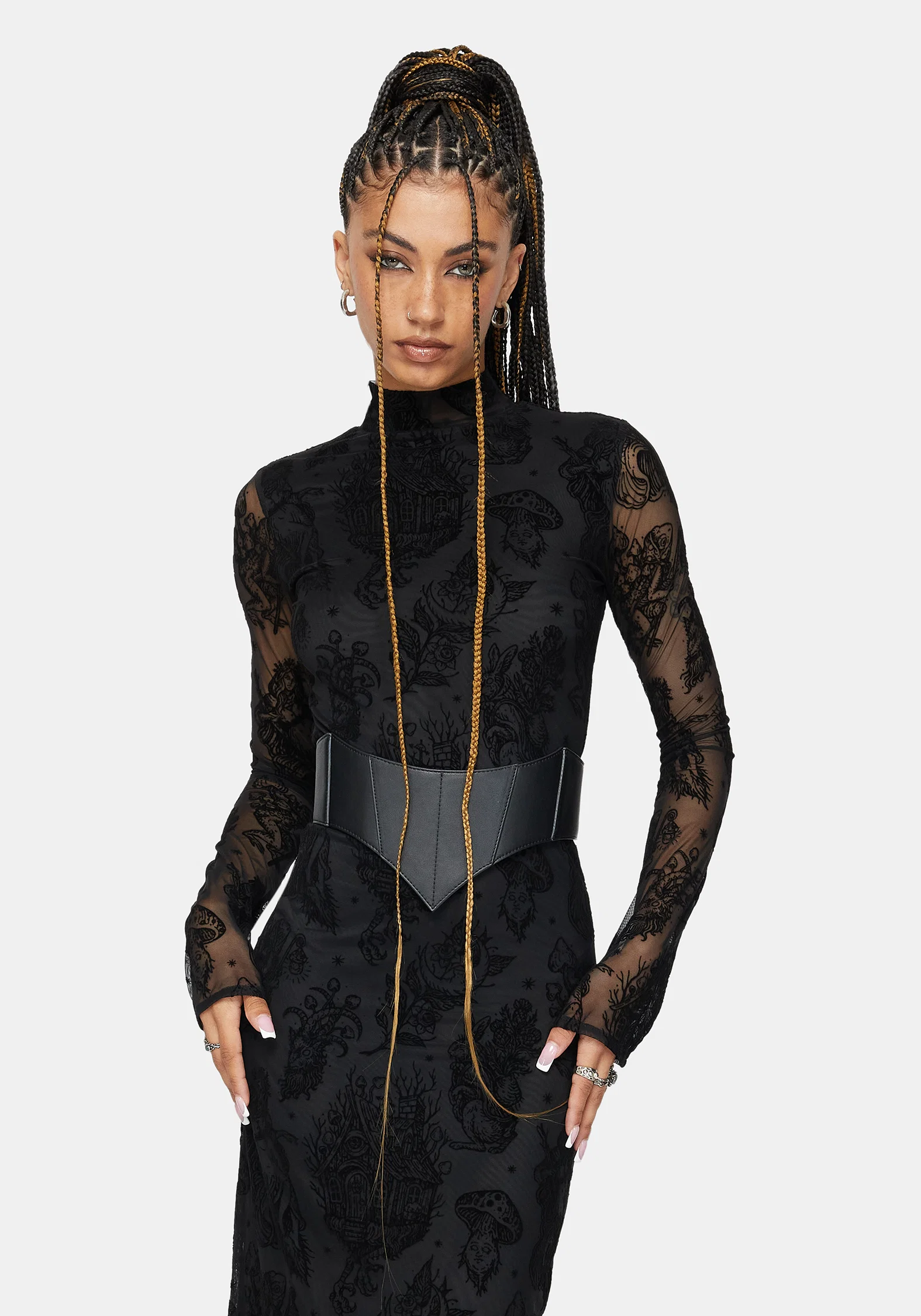 Hexborn Baba Yaga High Neck Flocked Long Sleeve Mesh Maxi Dress - Image 5