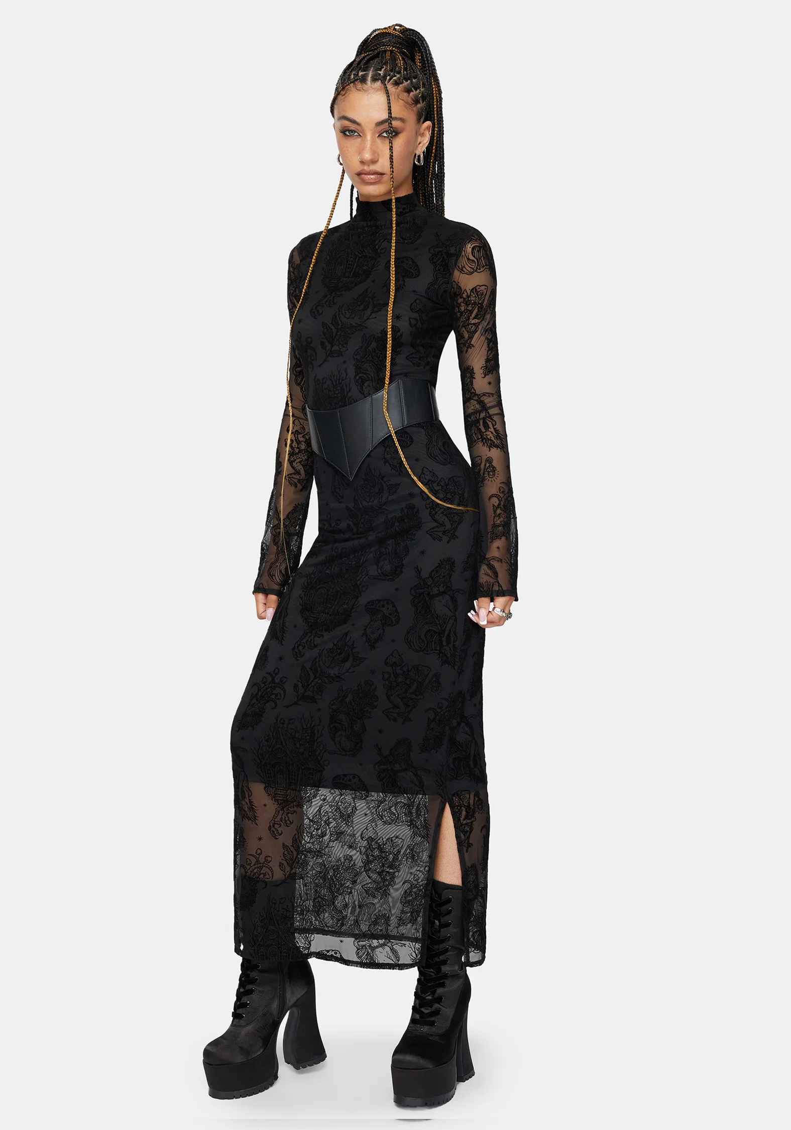 Hexborn Baba Yaga High Neck Flocked Long Sleeve Mesh Maxi Dress - Image 6