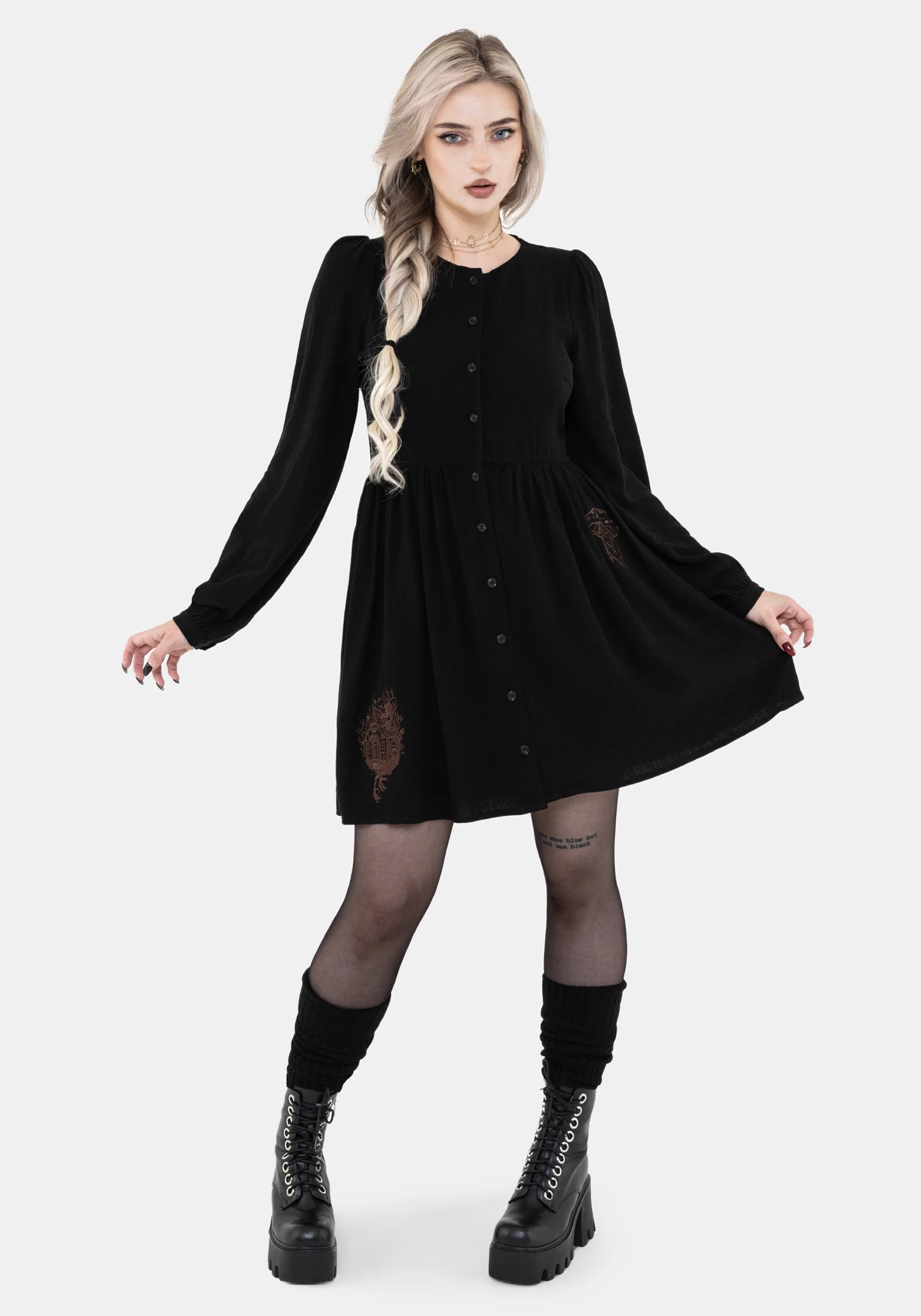 Hexborn Linen-Blend Baba Yaga Embroidered Long Sleeve Mini Dress - Image 4