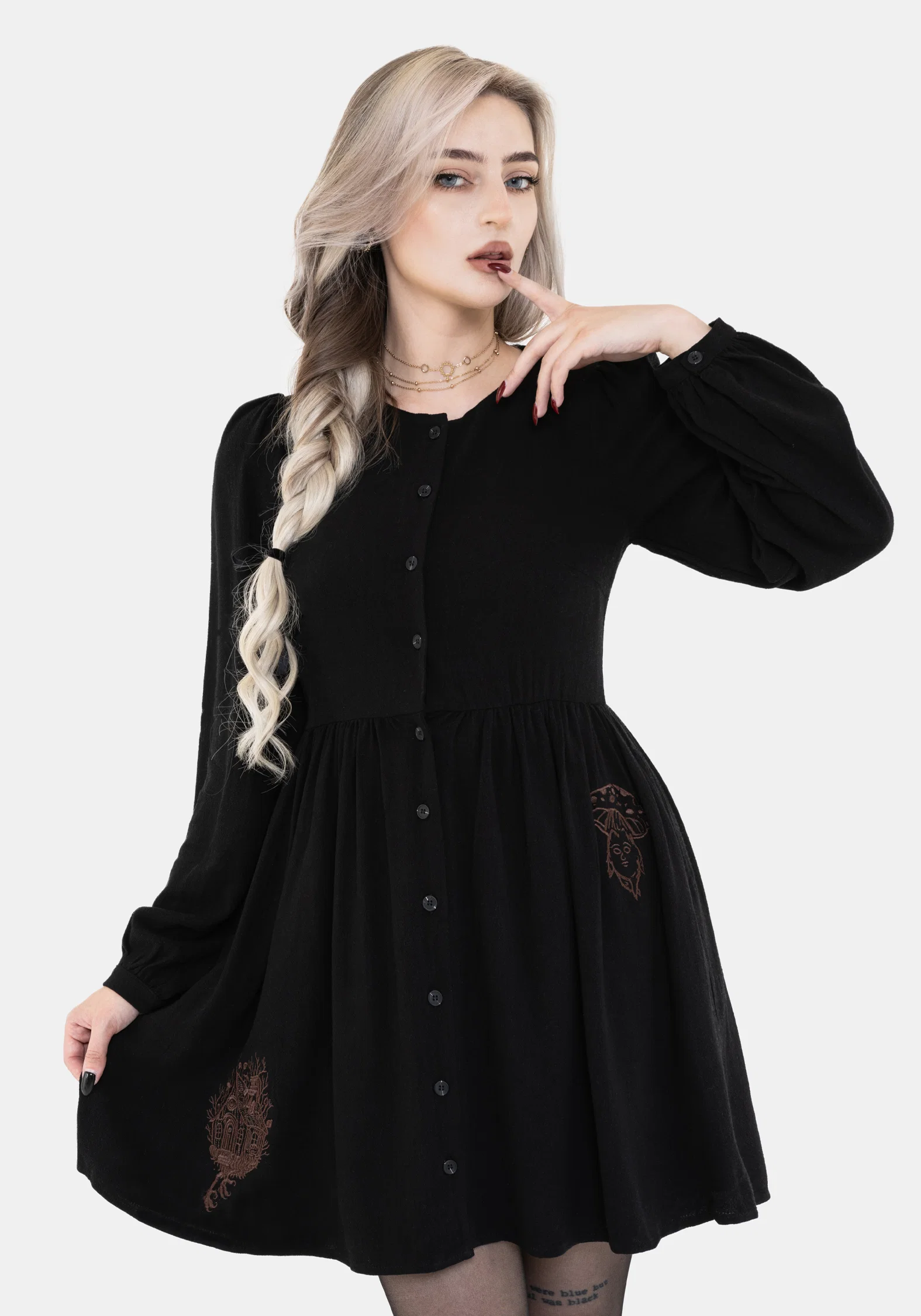 Hexborn Linen-Blend Baba Yaga Embroidered Long Sleeve Mini Dress - Image 6