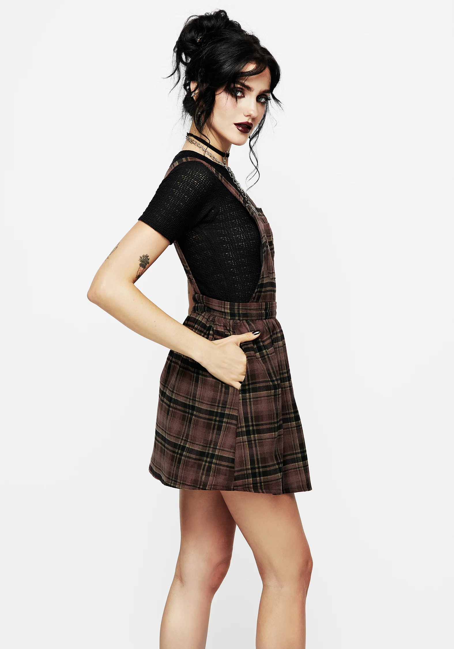 Hickory Embroidered Check Mini Pinafore Dress - Image 4
