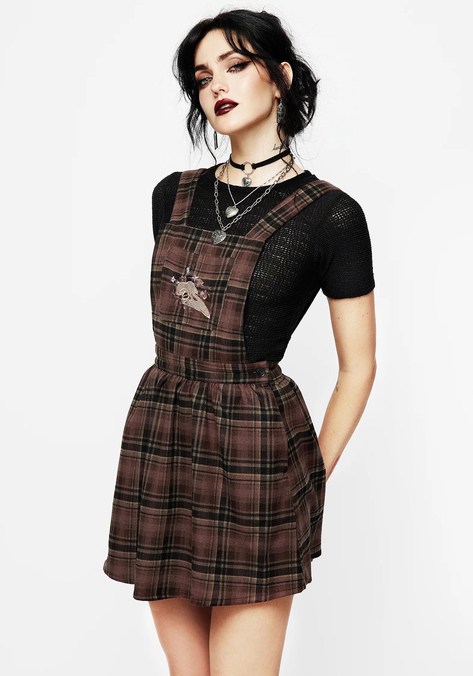 Hickory Embroidered Check Mini Pinafore Dress - Image 5