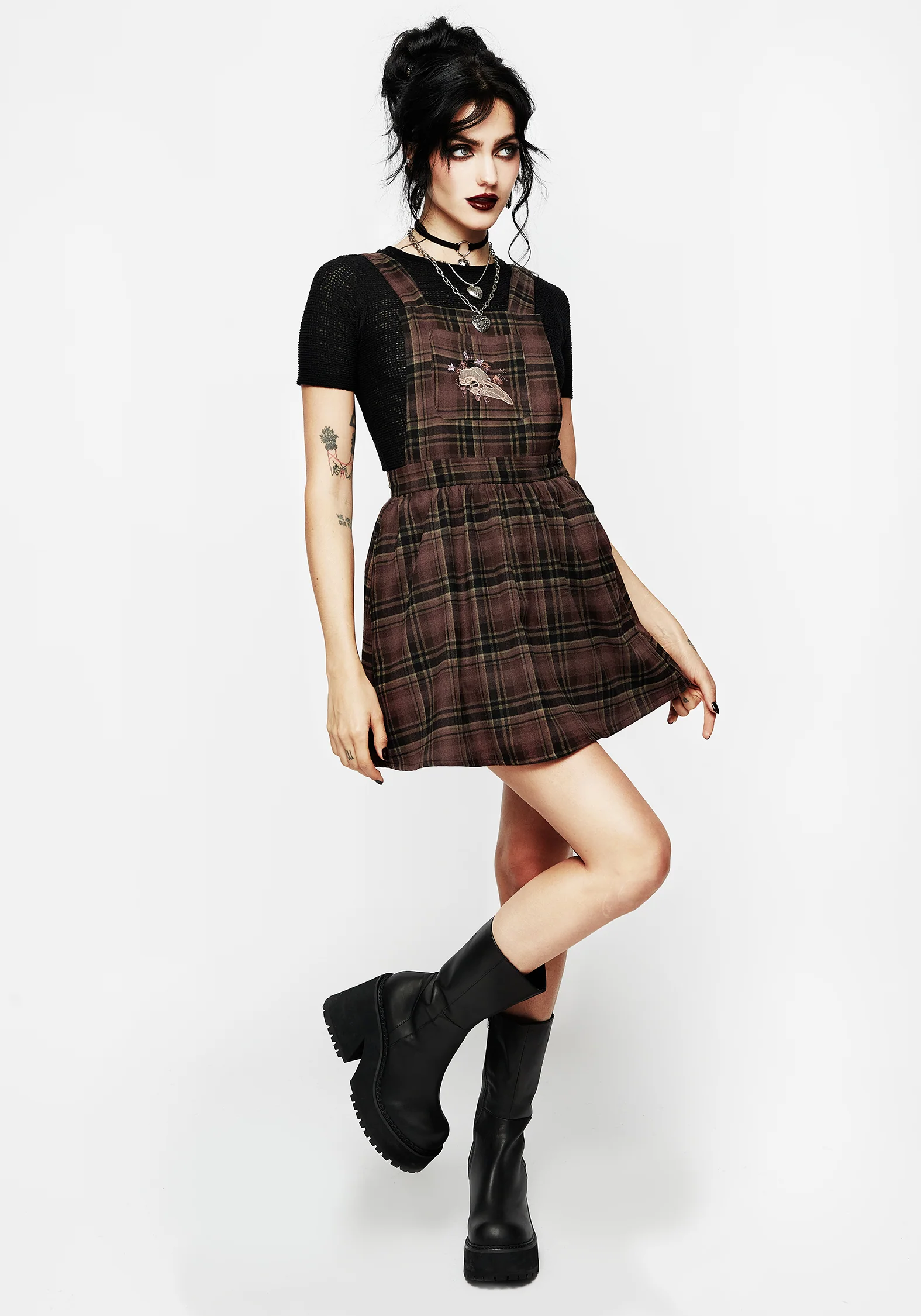 Hickory Embroidered Check Mini Pinafore Dress - Image 6