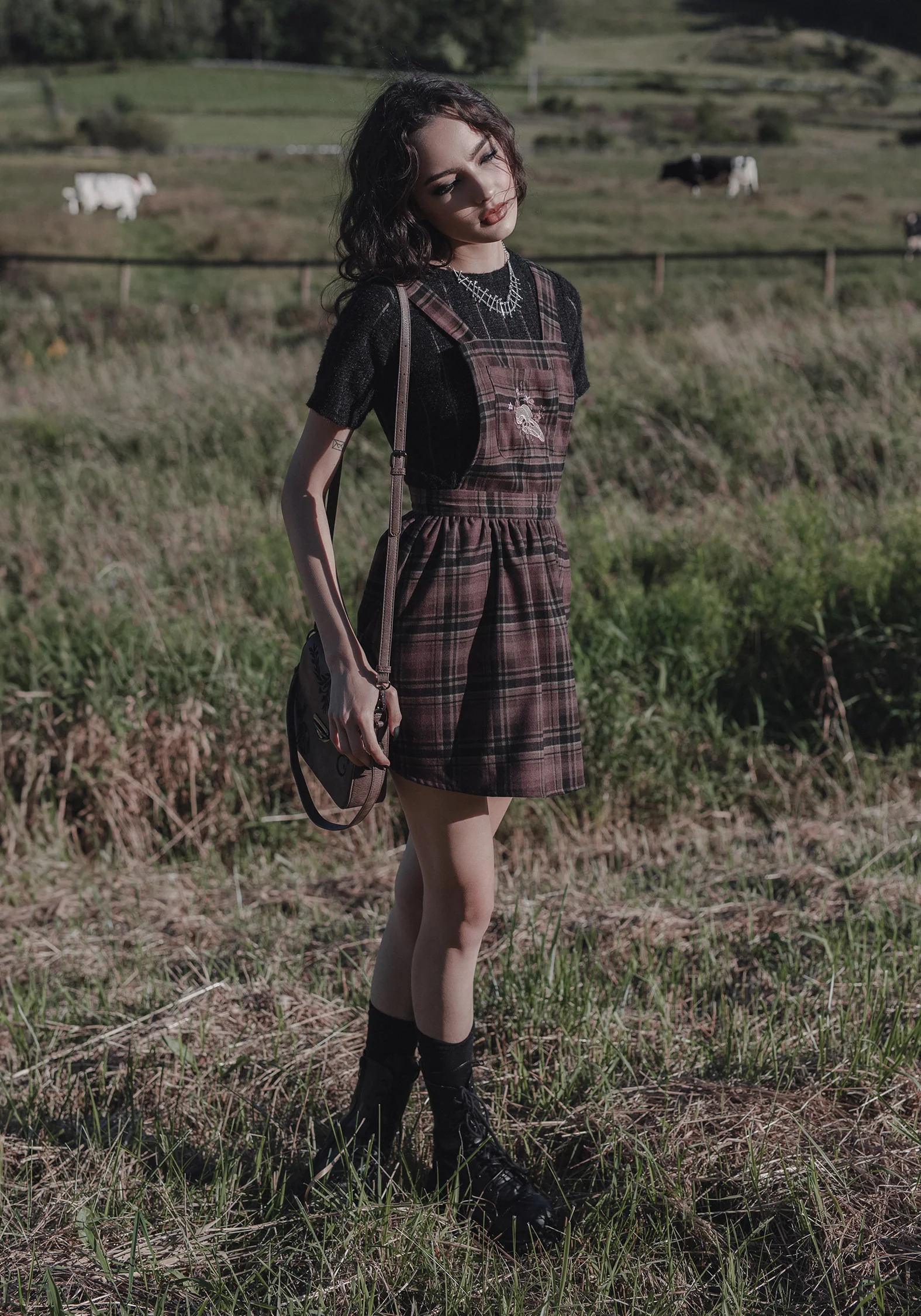 Hickory Embroidered Check Mini Pinafore Dress - Image 7
