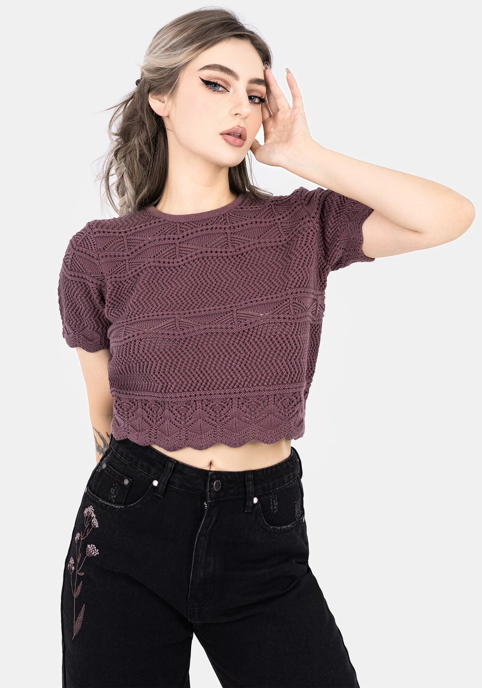 Hooked Pointelle Short Sleeve Crop Top - Purple - Image 5