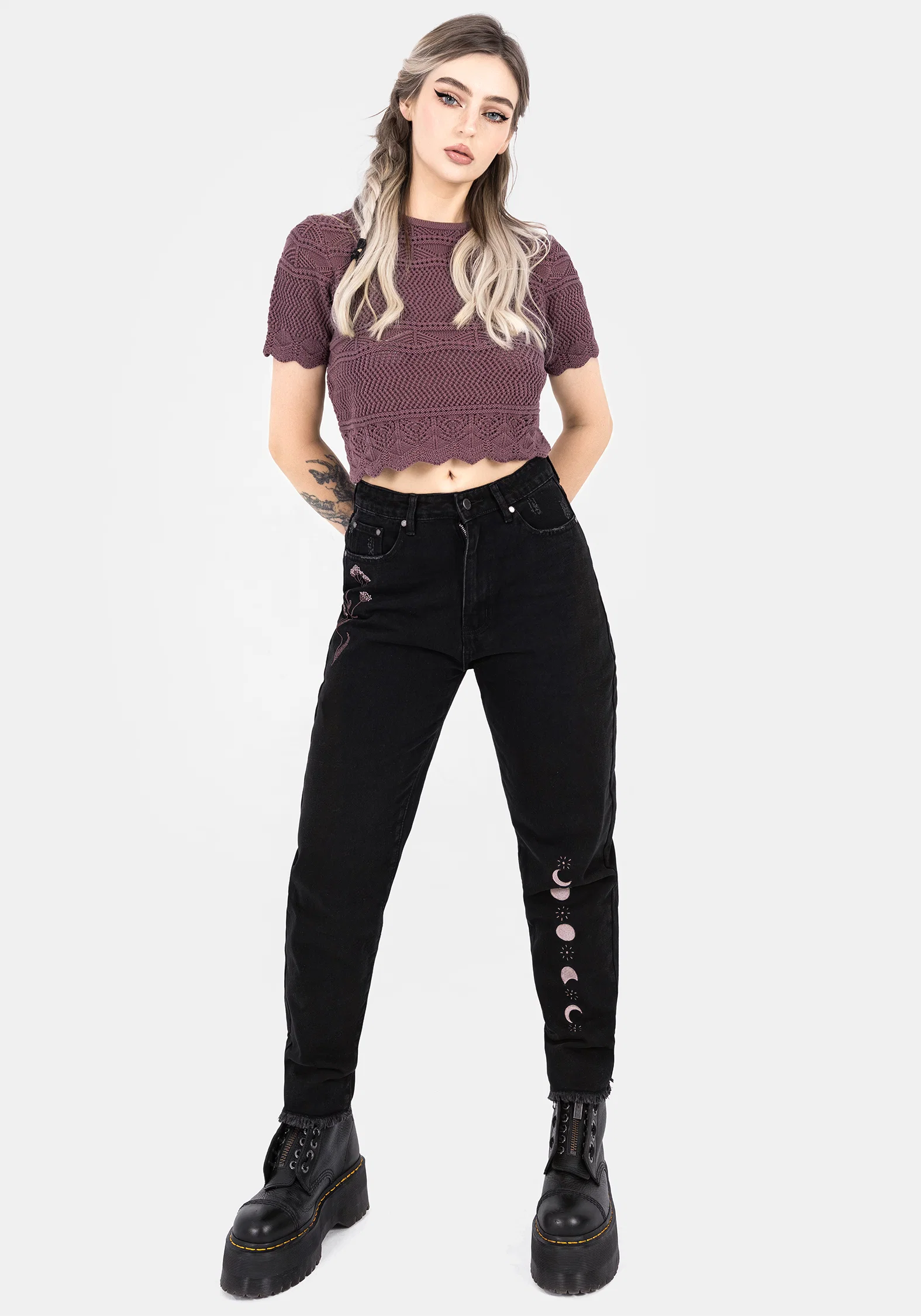 Hooked Pointelle Short Sleeve Crop Top - Purple - Image 6