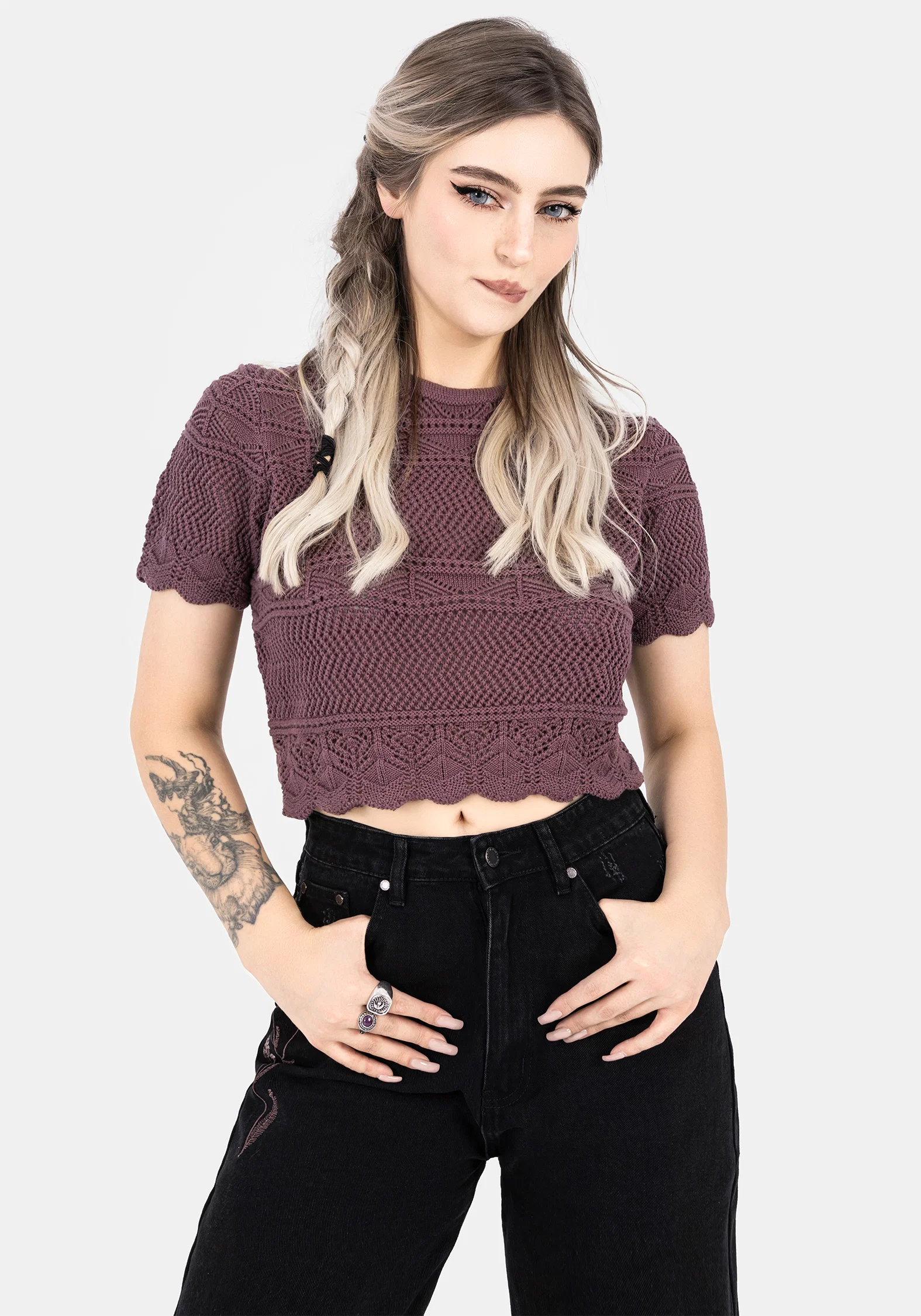 Hooked Pointelle Short Sleeve Crop Top - Purple - Image 7