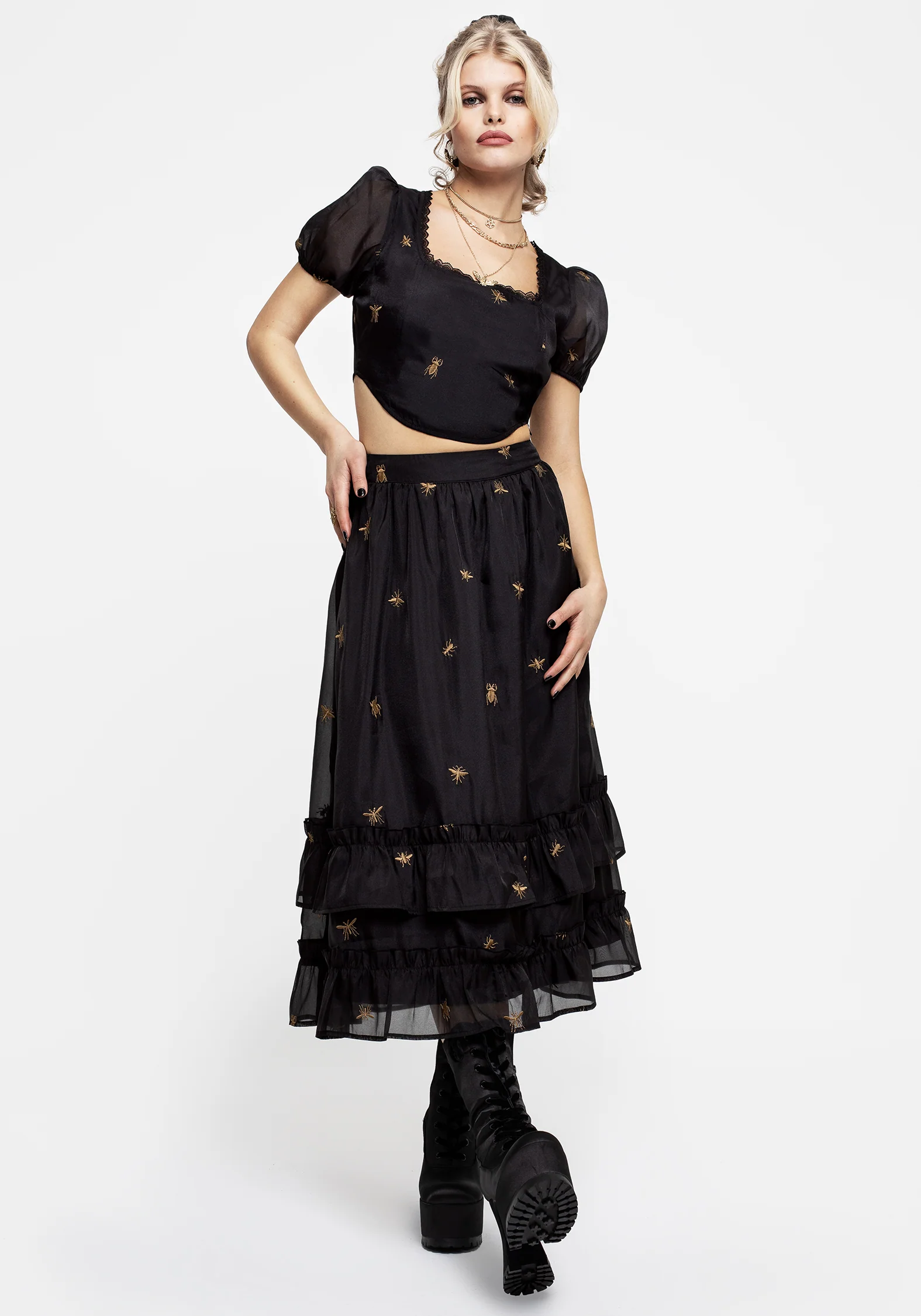 Insectarium Embroidered Organza Tiered Midi Skirt - Image 5