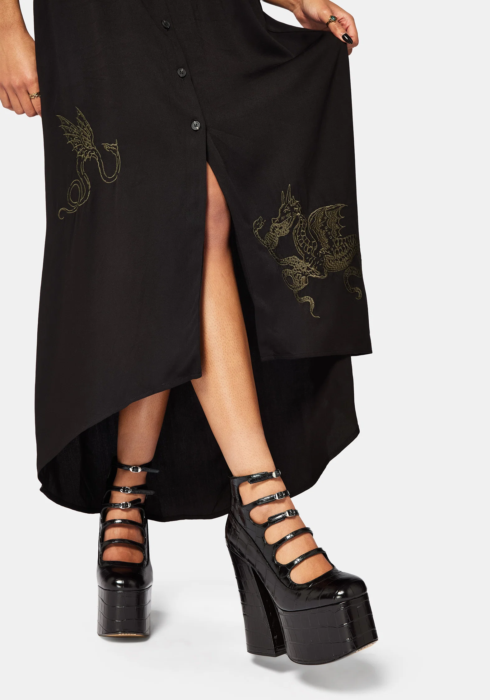Isara Dragon Embroidered High Low Midaxi Shirt Dress - Image 2