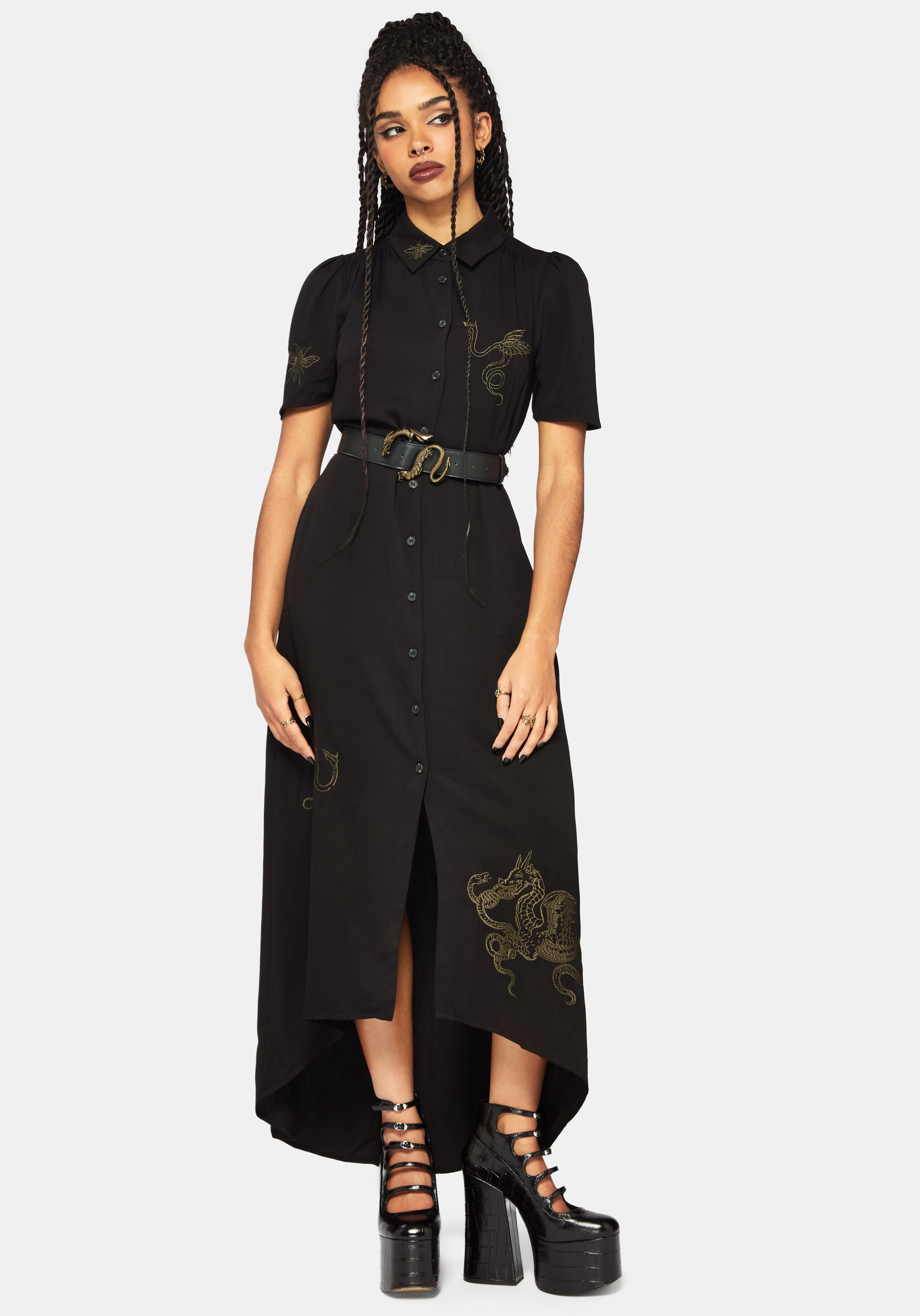 Isara Dragon Embroidered High Low Midaxi Shirt Dress - Image 5