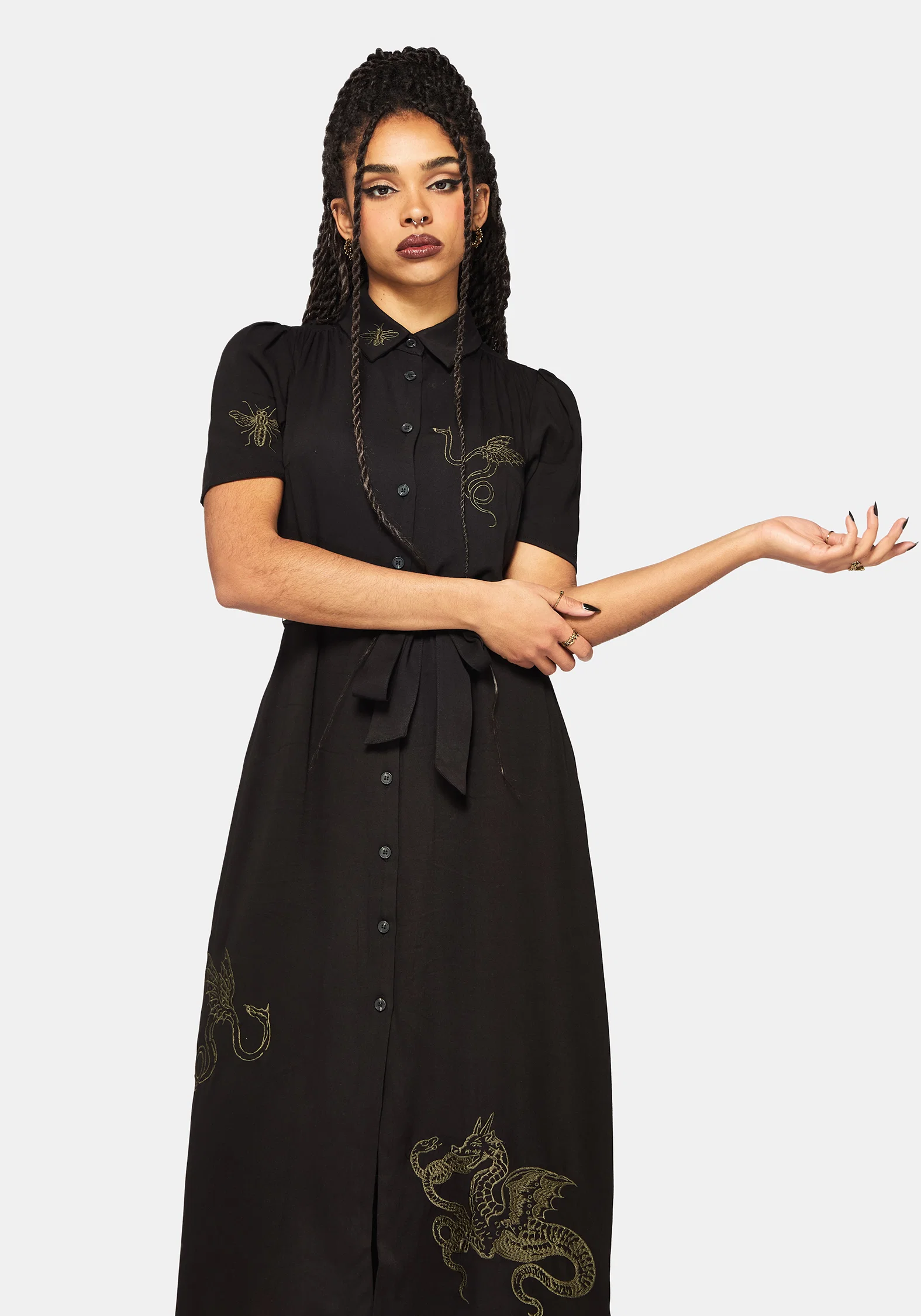Isara Dragon Embroidered High Low Midaxi Shirt Dress - Image 6