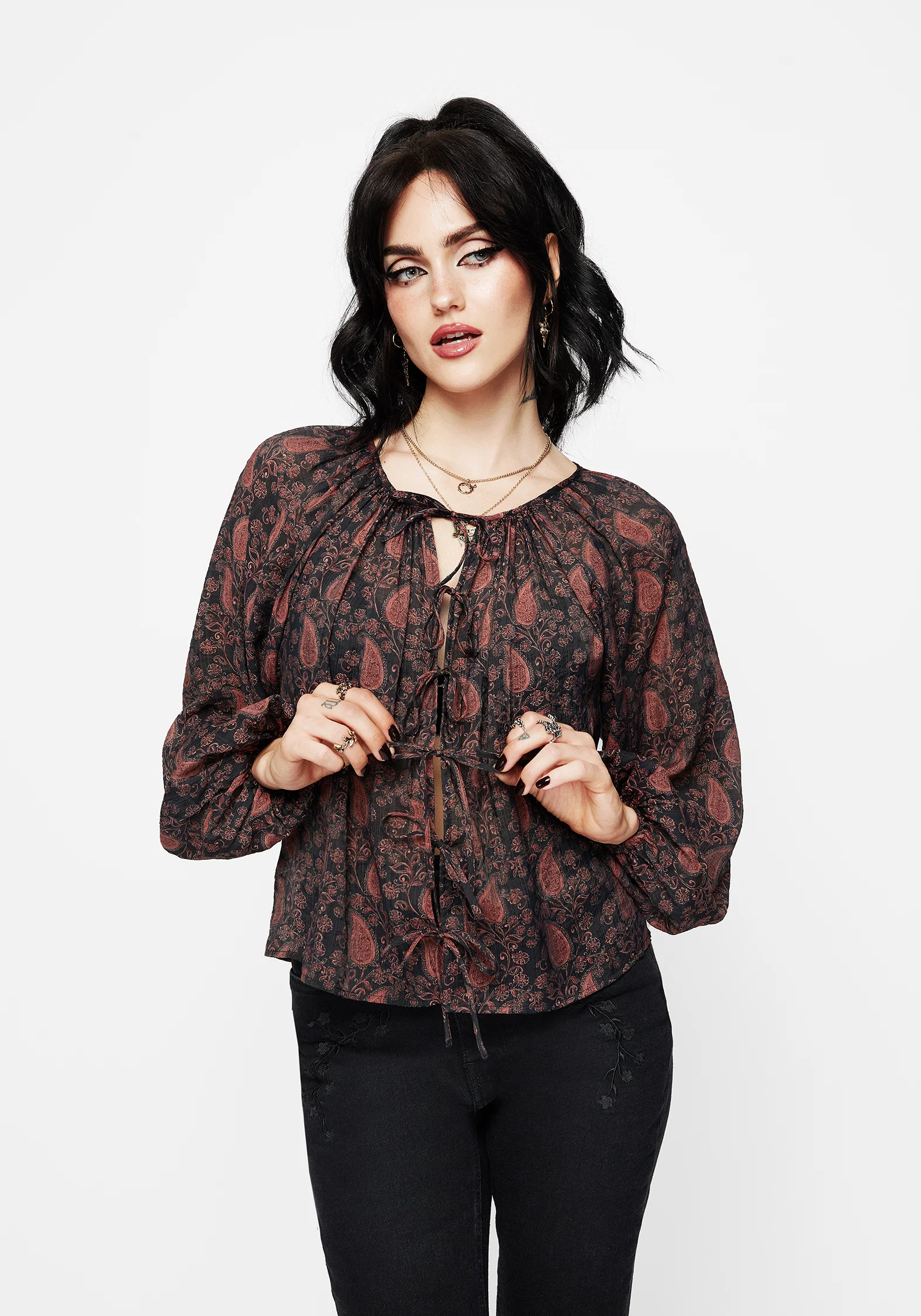 Isola Sheer Paisley Tie Front Blouse - Image 5