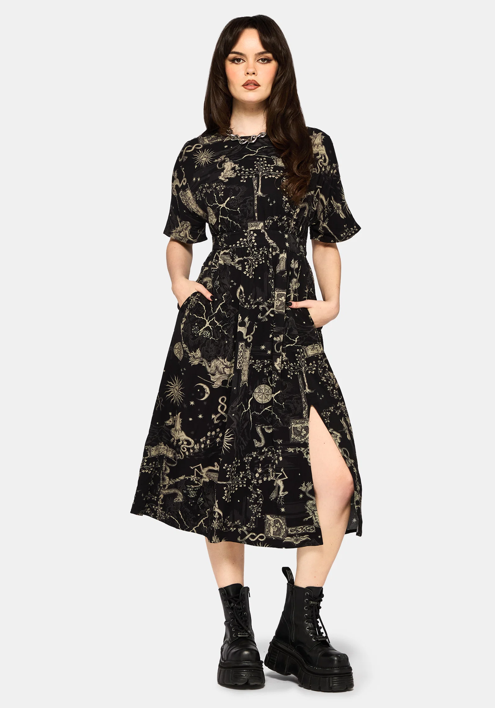 Isolde Medieval Map Tie Back Midi Dress - Image 4