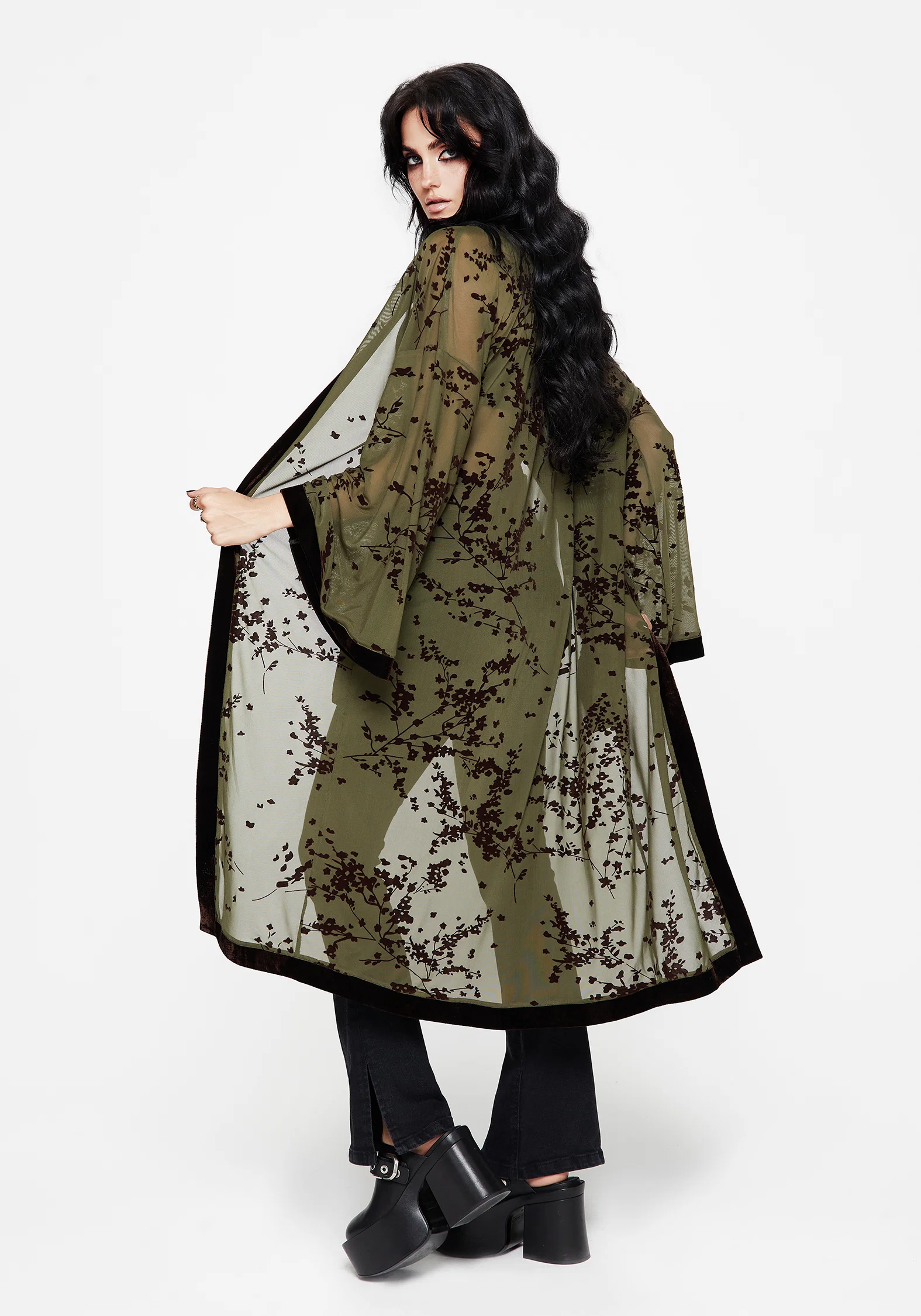 Jael Flocked Longline Mesh Kimono - Image 3
