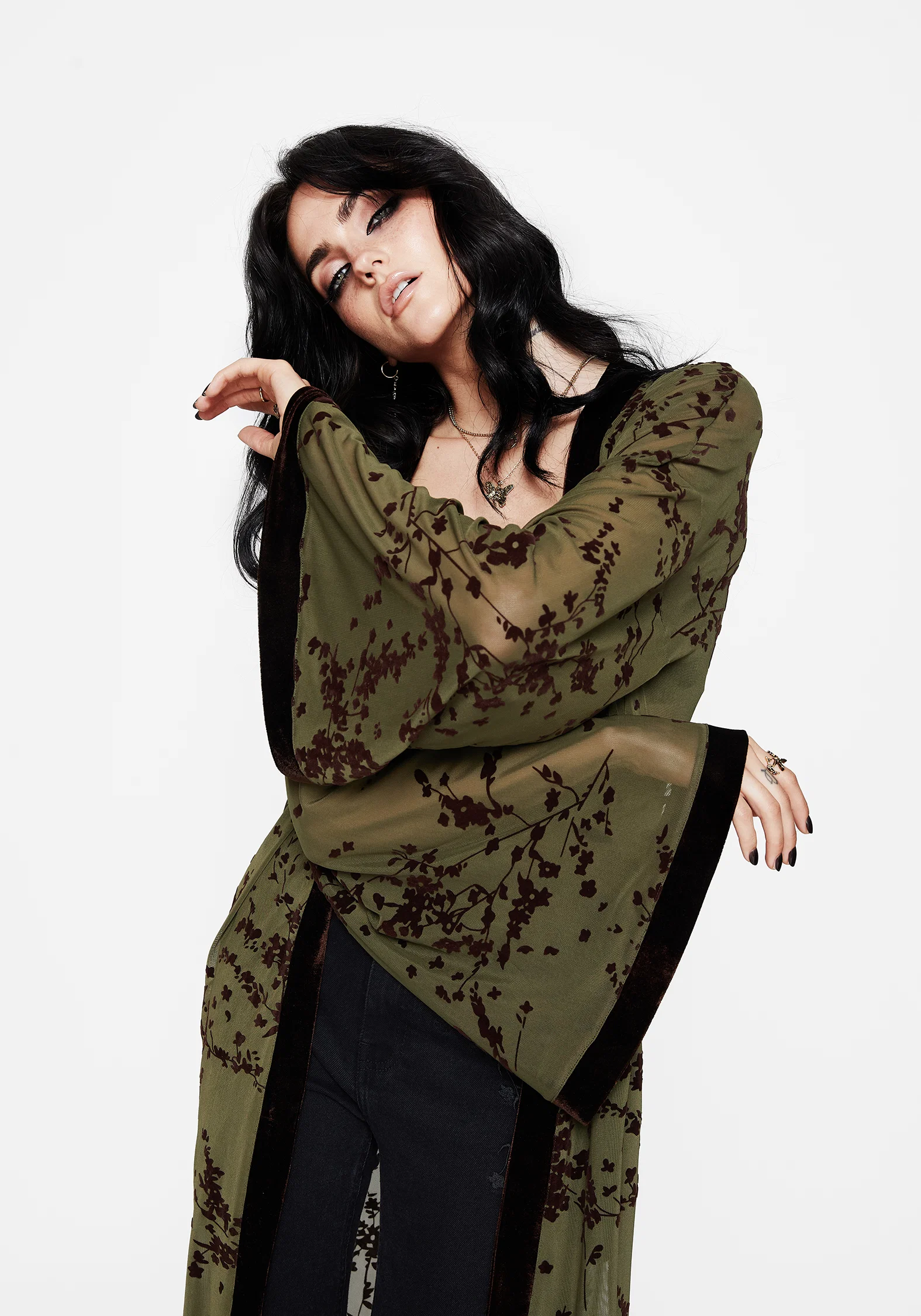 Jael Flocked Longline Mesh Kimono - Image 6