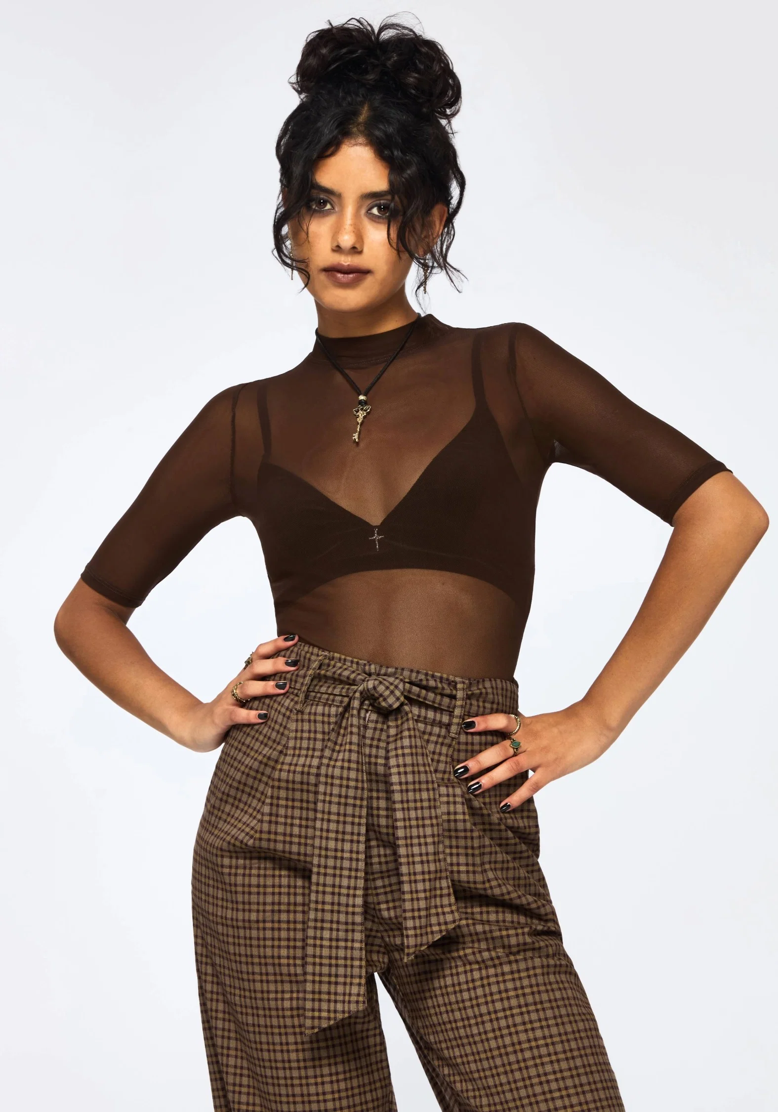 Jinx Mesh Short Sleeve Top - Brown - Image 4