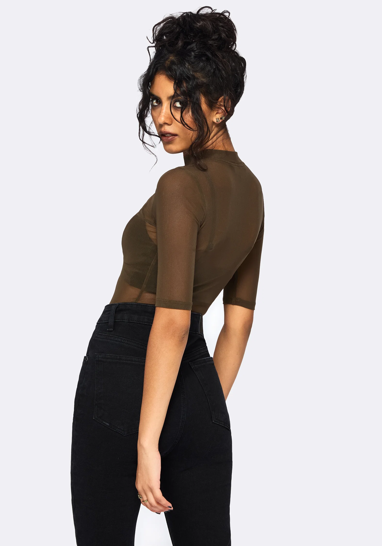 Jinx Mesh Short Sleeve Top - Khaki Green - Image 3