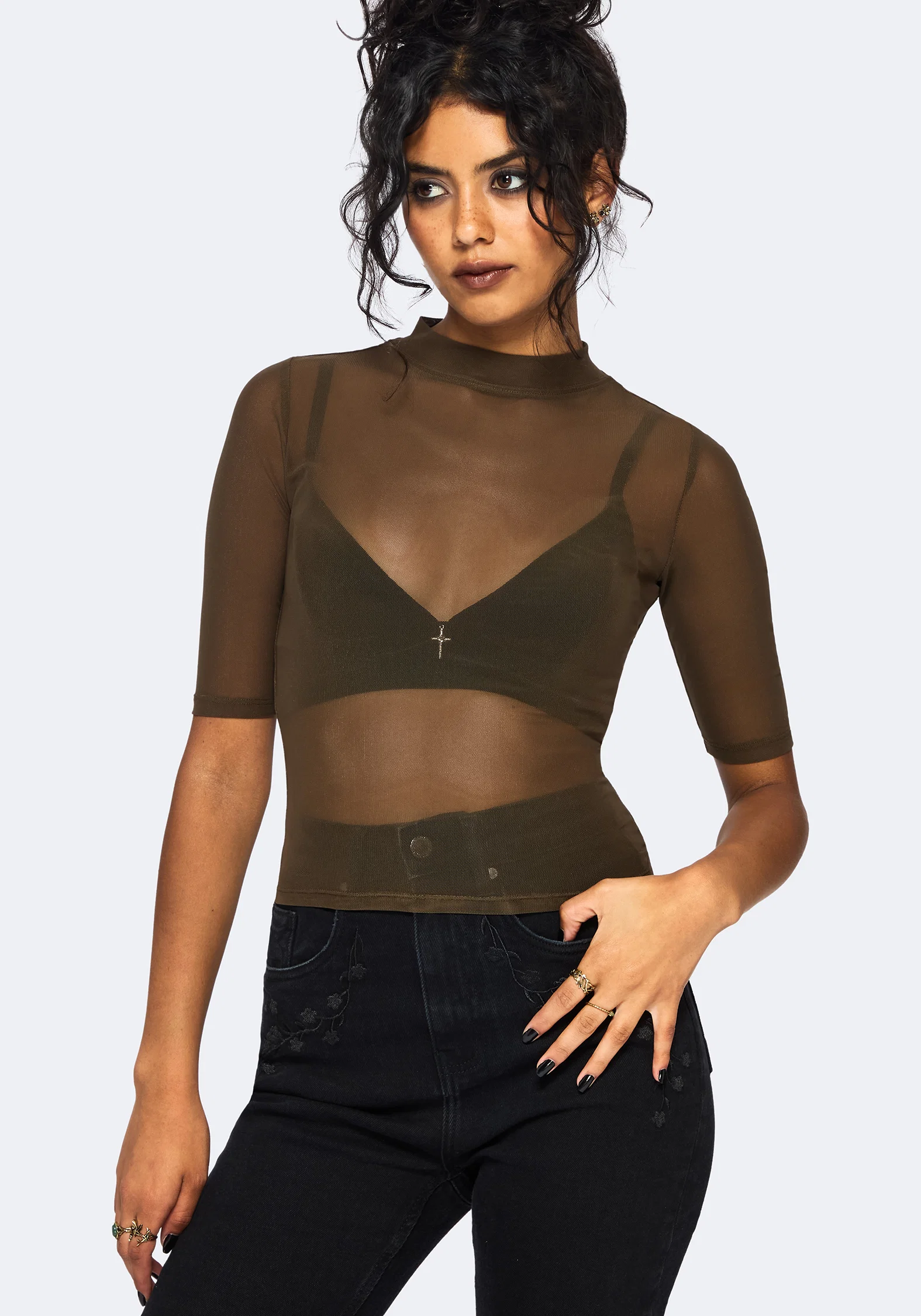 Jinx Mesh Short Sleeve Top - Khaki Green - Image 5